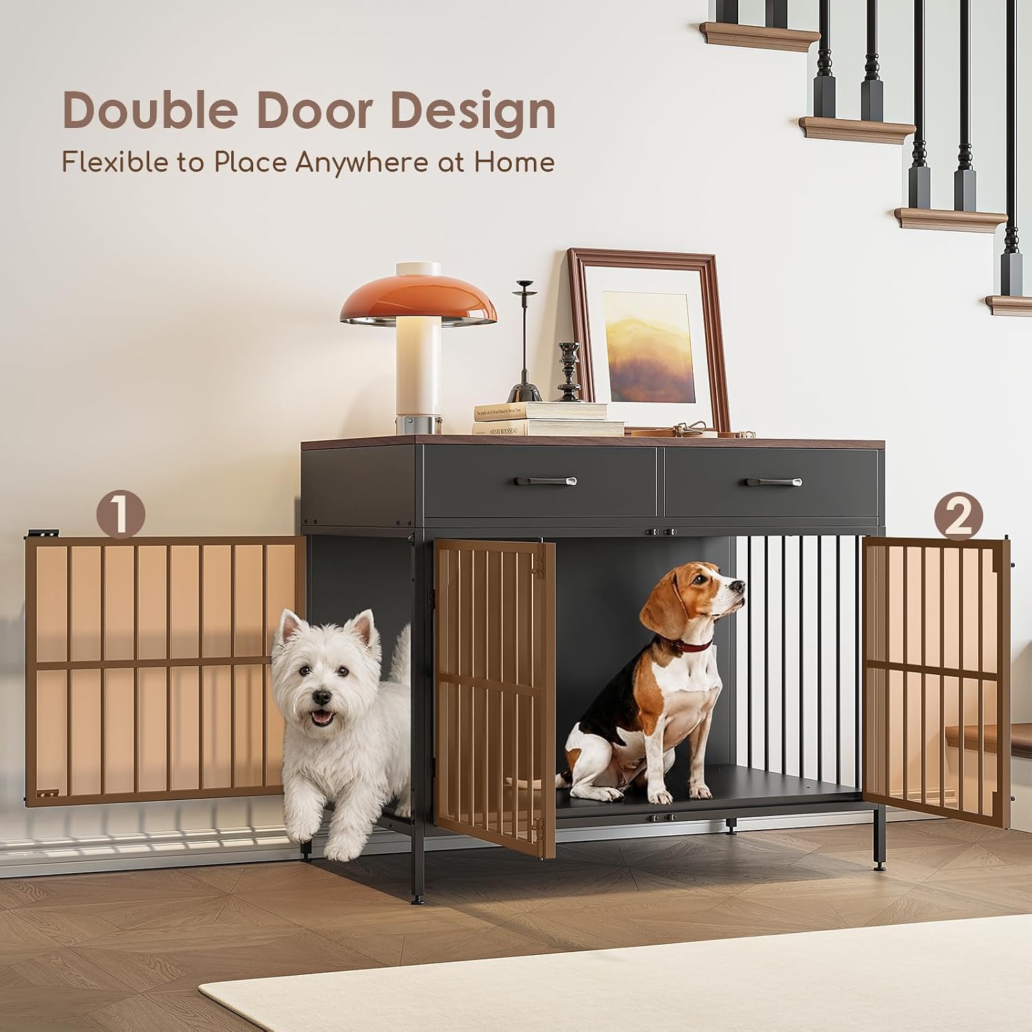 39.4 Inch Dog Kennel Furniture with Storage,Heavy-Duty Dog Crate with 2 Drawers Indoor Decorative Dog Cage with Double Door Wooden Pet House End Table Modern Cage Furniture for Medium/Large Dog