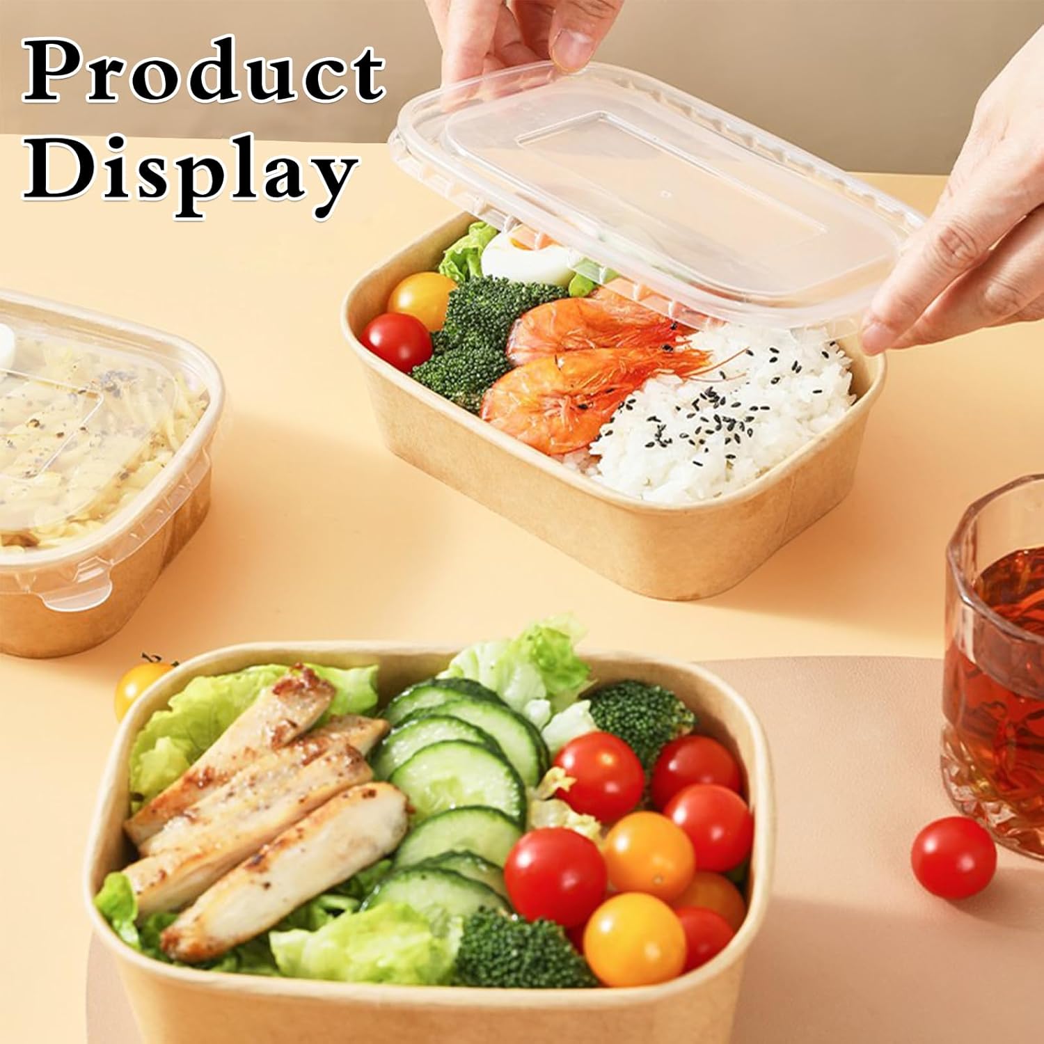 50 Pack 25oz Kraft Paper Square Bowls, Disposable Take Out Containers with Lids and Forks, Grease-Resistant Soup Bowls for Meal Prep, Snacks, and Takeout, Microwave & Freezer Safe