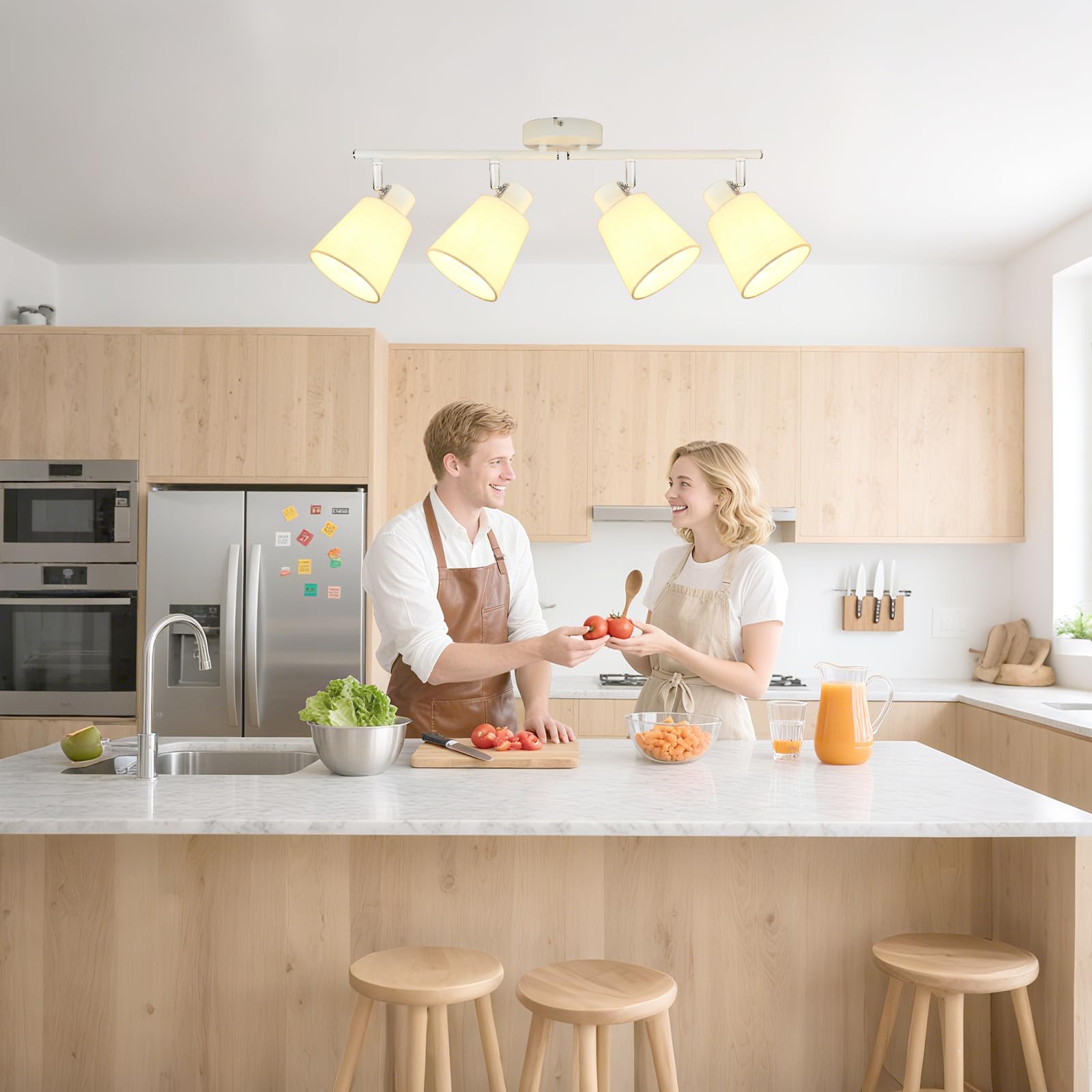 Deckenstrahler 4 Flammig Deckenlampe E27 Weiß | Deckenleuchte Schwenkbar 350°, Leinen Lampenschirm, für Wohnzimmer, Flur, Küche, Schlafzimmer, Ohne Leuchtmittel