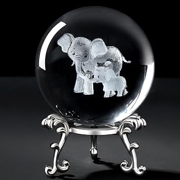 MAIBAOTA Elephant Gifts for Women Mothers Day Birthday Gifts for Mom 3D Crystal Elephant Decor Figurines 60mm Glass Laser Ball Paperweight with Stand Glass Sphere