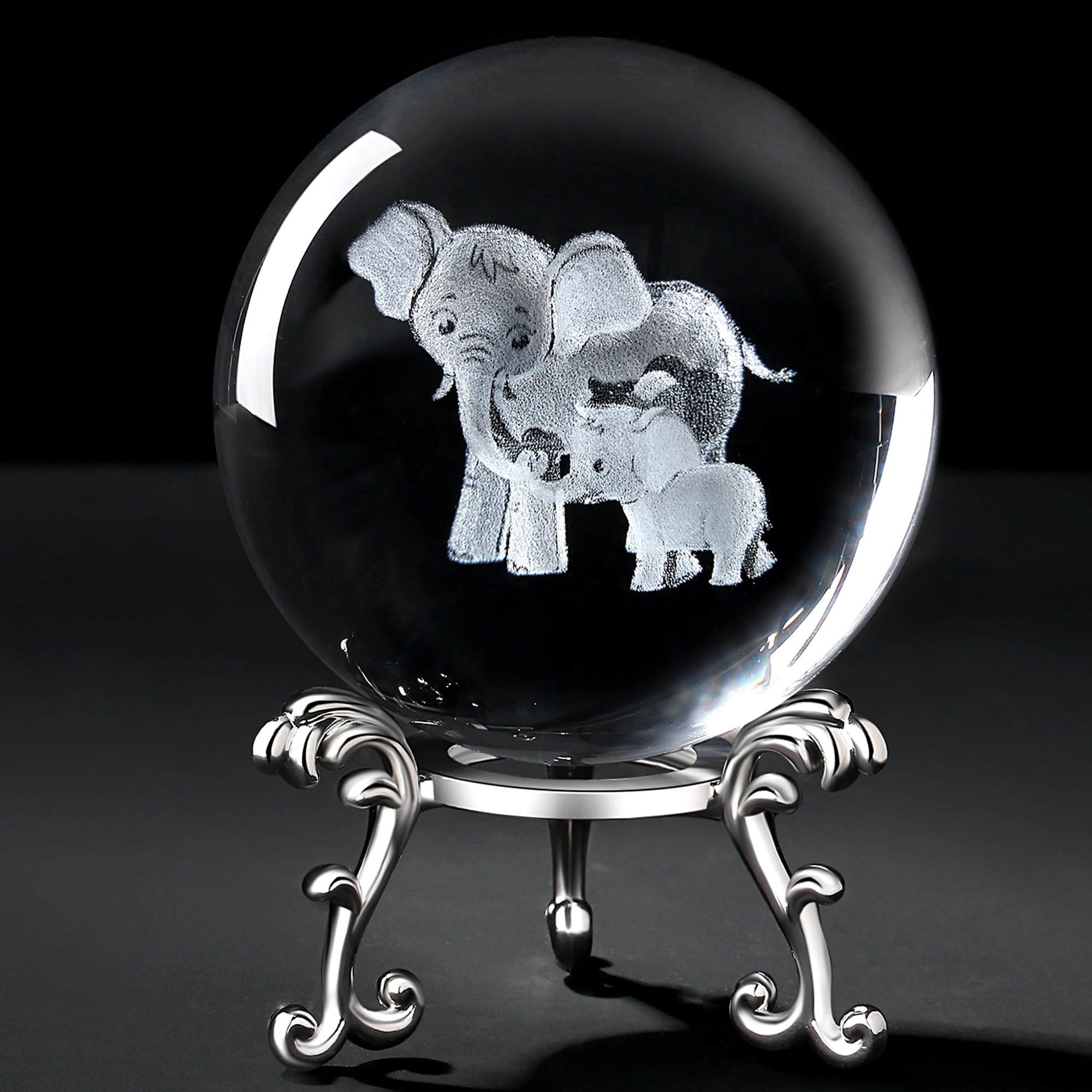 MAIBAOTA Elephant Gifts for Women Mothers Day Birthday Gifts for Mom 3D Crystal Elephant Decor Figurines 60mm Glass Laser Ball Paperweight with Stand Glass Sphere