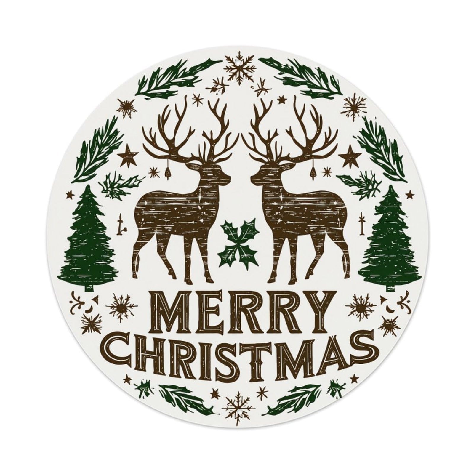Reindeer Trees Snowflakes Holly Stars Round Tin Sign Retro Metal Sign for Cafe Bar Pub Home Game Room Gym Club Wall Decoration Vintage Metal Poster 8x8 Inch