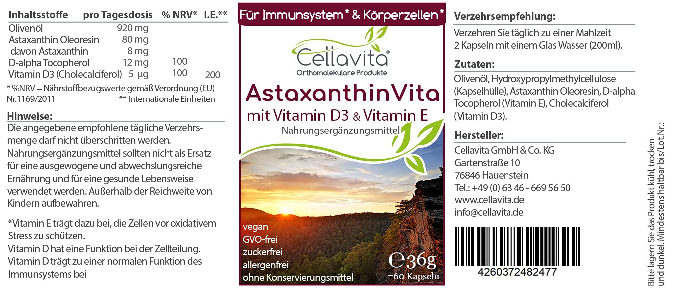 Cellavita – Astaxanthin mit Vitamin D+E – Nahrungsergänzungsmittel Vitamin D3 60 Kapseln – Unterstützung von Immunsystem, Körperzellen und Erhaltung von Knochen