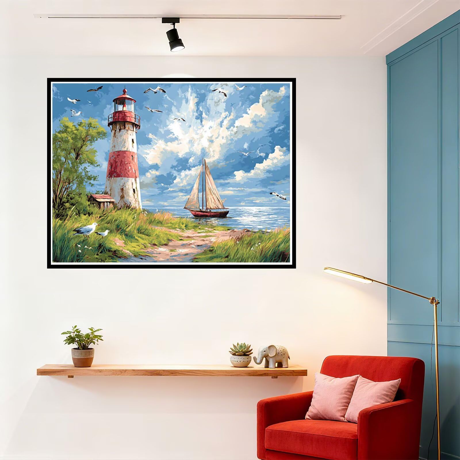 Peinture Numero Adulte Phare Coloriage par Numero Adulte Mer DIY Paint by Numbers, avec Pinceaux Peinture Loisir Creatif Enfant Numéro D'art Cadeau Femme, Pour Decoration Maison Murale 60x80cm H - 509