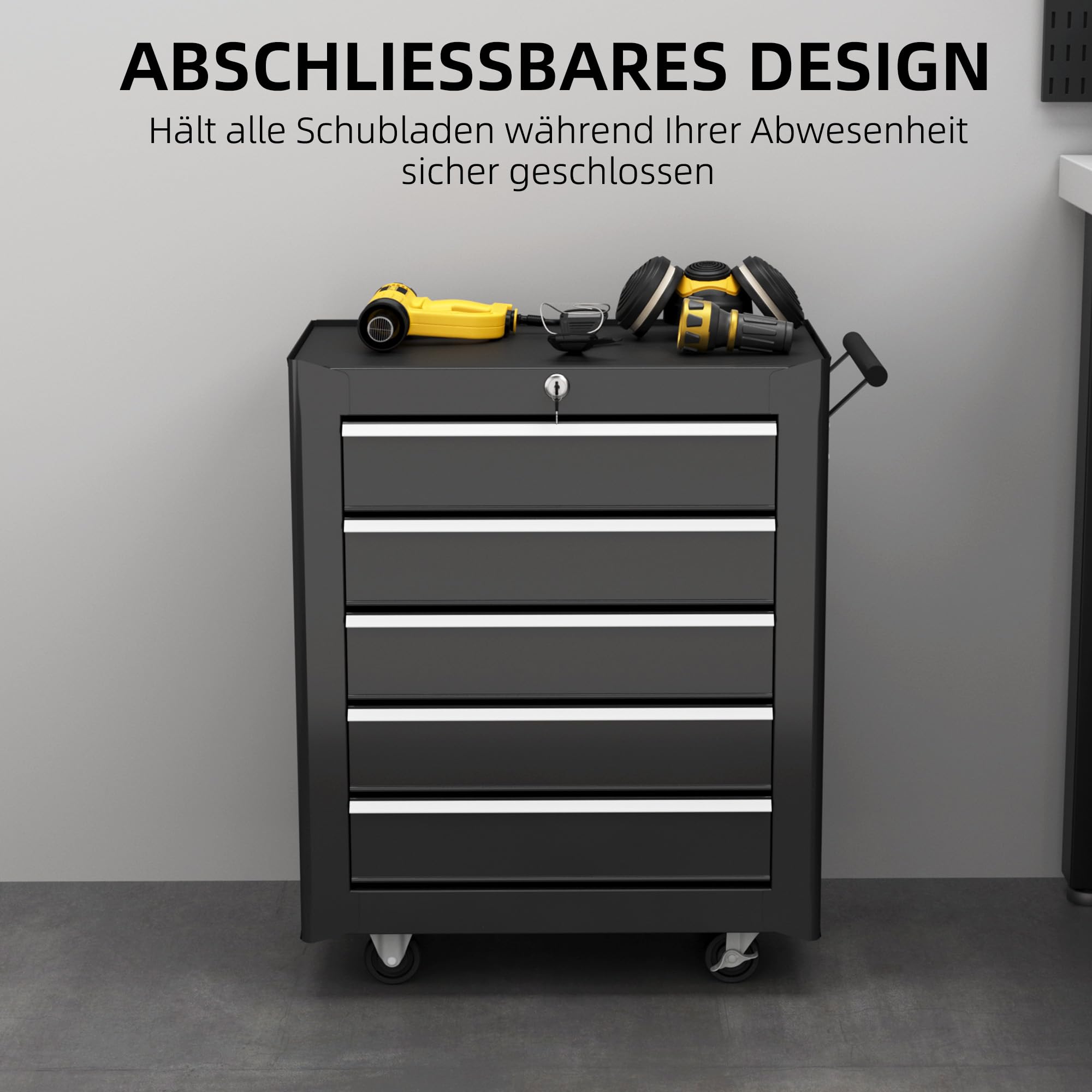 HOMCOM Werkstattwagen leer Werkzeugwagen abschließbar mit 5 Schubladen, 2 Schlüssel, Antirutschmatten, Werkzeugschrank mit Griff Schwarz