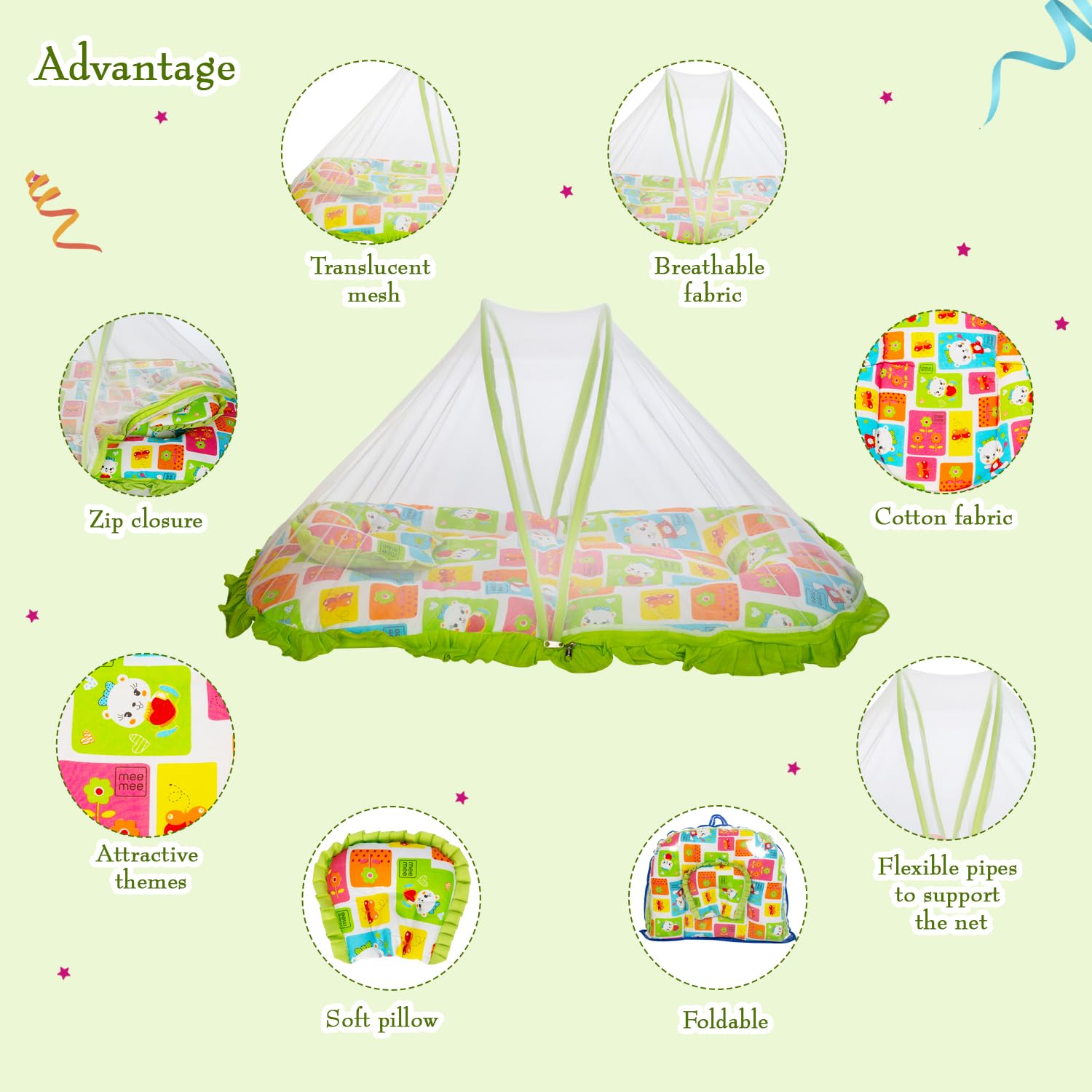 Mee Mee Cushioned Baby Mattress Set with Mosquito Net & Pillow (Green) 4