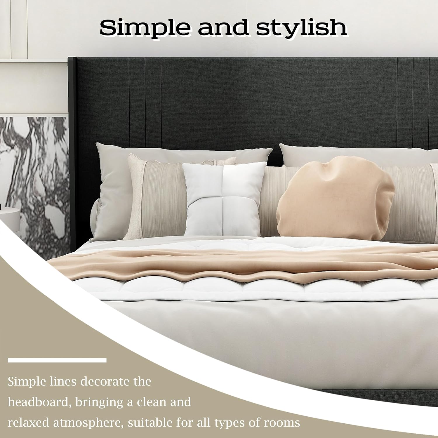 Upholstered Platform Twin Bed Frame with Headboard Wooden Slats Support Easy Assembly No Box Spring Needed Black Linen