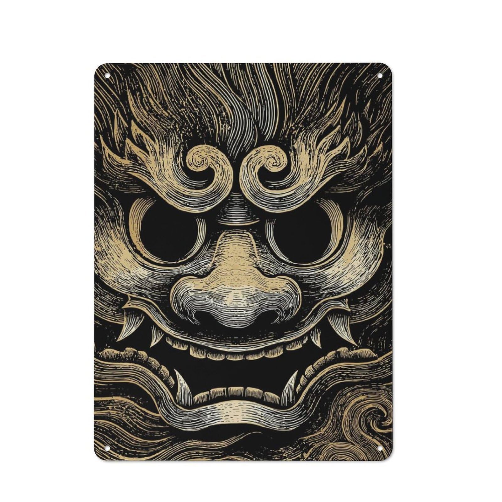 Junmoney Japanese Demon Mask Illustration Vintage Metal Plaque 40X30cm For Workshop Wall, For Kitchen And Home Bar Decor, For Home Office And Studio Walls