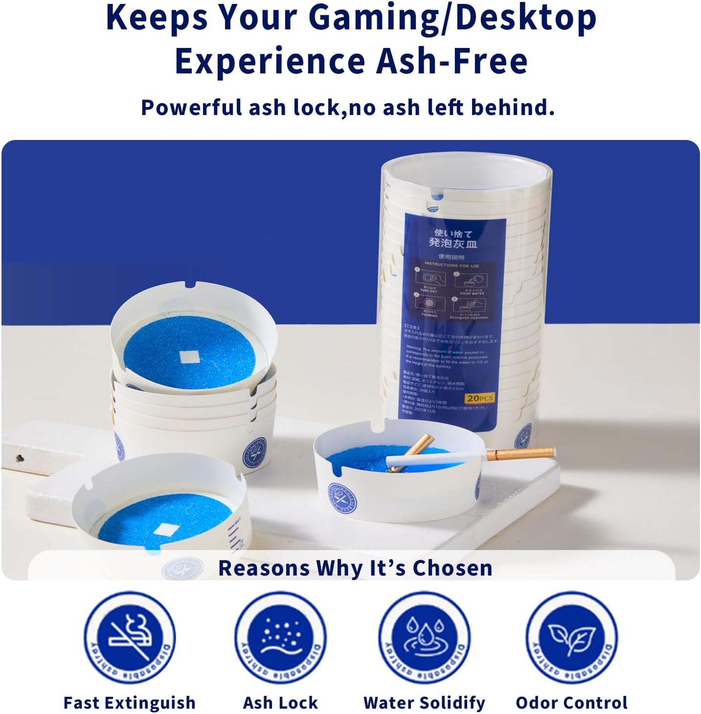 Disposable Foam Ashtrays 160 Pack, Paper Ashtray with Water-Activated Absorbent Base, Odor Control, Mess-Free, Thickened Design, Portable for Car, Home, Office, Outdoor Use