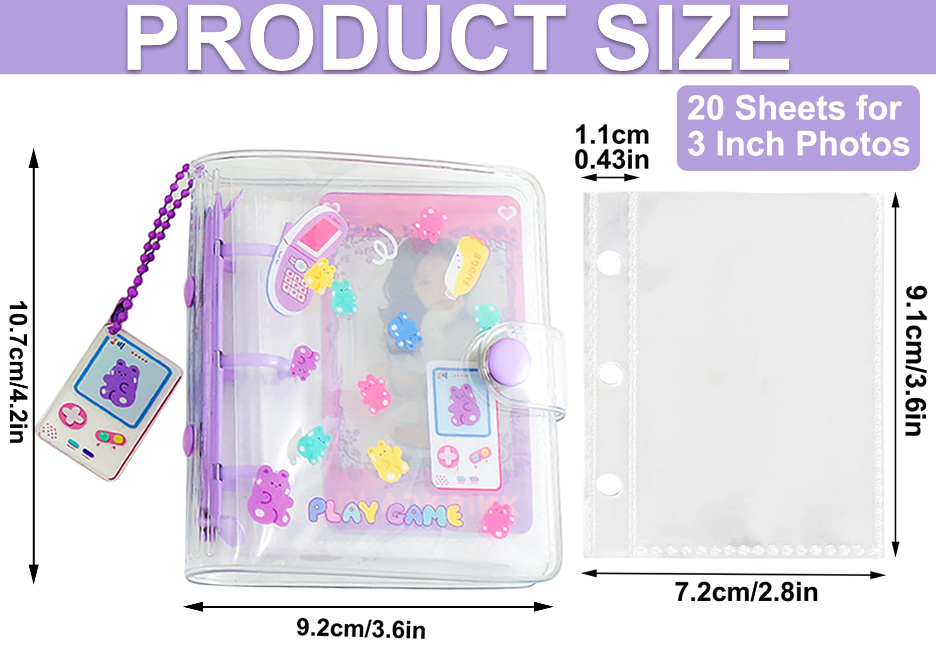 20 Blätter 40 Taschen 3 Zoll Mini Fotoalbum Loseblatt Nachfüllbar 3 Ringe Durchsichtig Fotokarte Binder Kpop Fotokarten Halter Buch mit Anhänger zur Aufbewahrung von Bildkarten (Lila Bären)