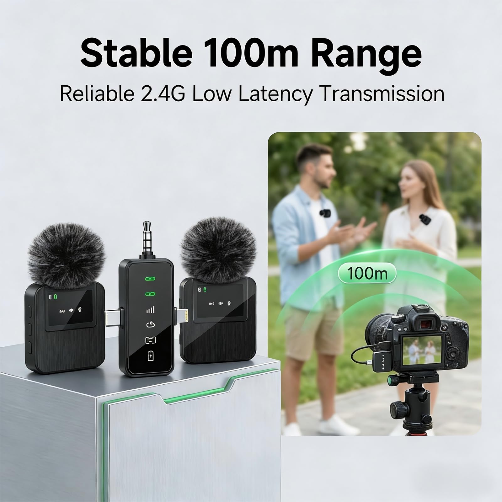 Microfono Lavalier Senza Fili 2.4G (2TX-1RX) – Autonomia 18H, Portata 100m, Riduzione Rumore DSP & Tasto Muto per Smartphone, Videocamera, Video, Live Streaming