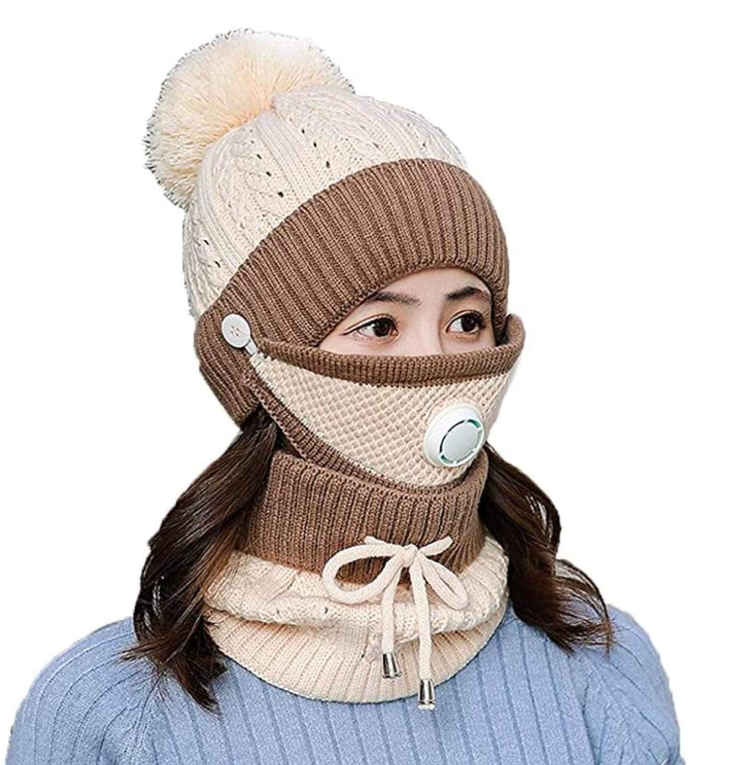 malvina Pom Pom Hat Neck Warmer Mouth Mask, Thick Warm Winter Lined Beanie Cap Scarf Face Cover 3-Piece Set for Women's & Girl's (Beige)-picture-49