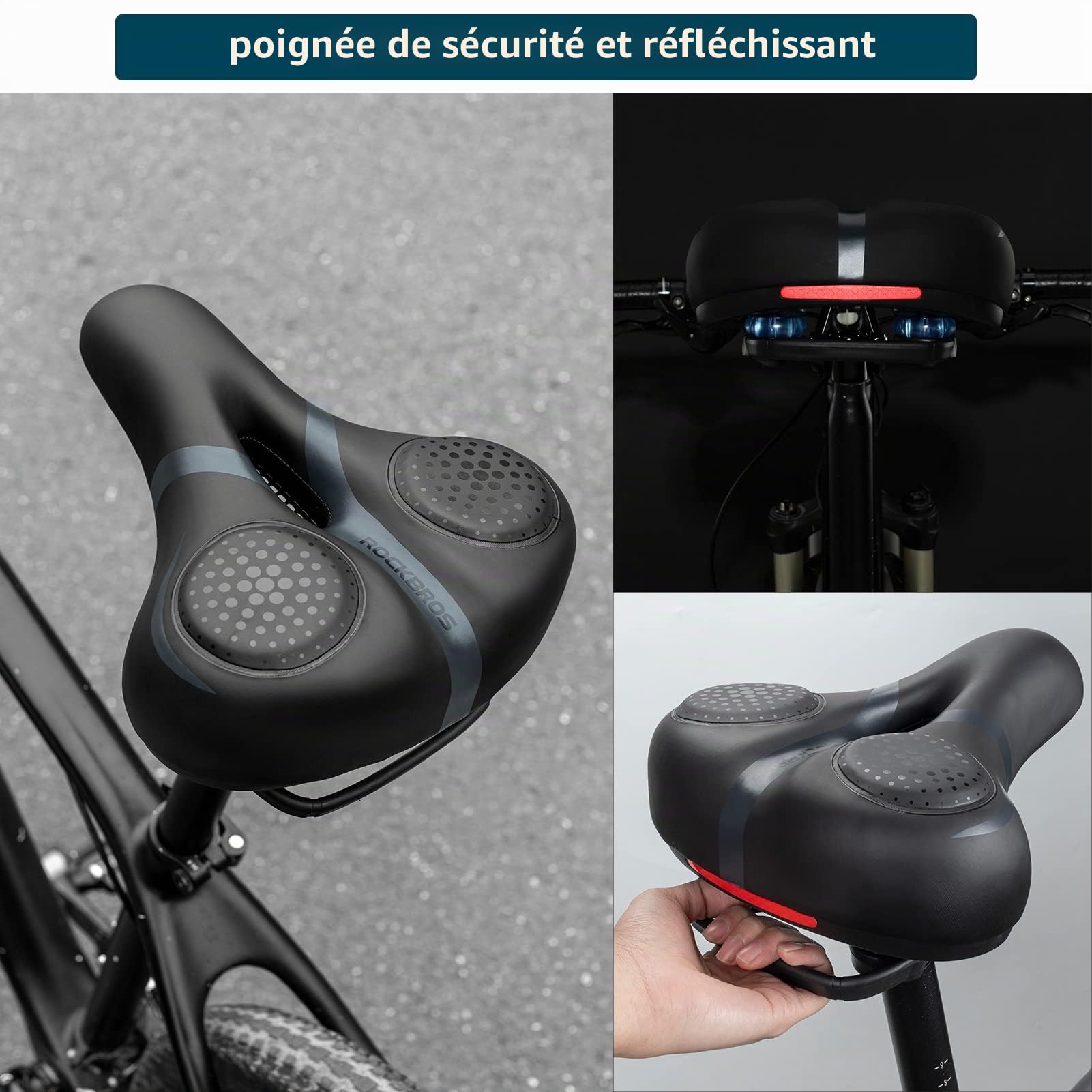 ROCKBROS Selle Vélo Confortable, Selle de VTT Confort Ergonomique, Siège de Vélo Gel Creux Respirant Amortisseur Imperméable Réfléchissant Stable pour VTT Vélo de Route Vélo de Ville Noir Marron