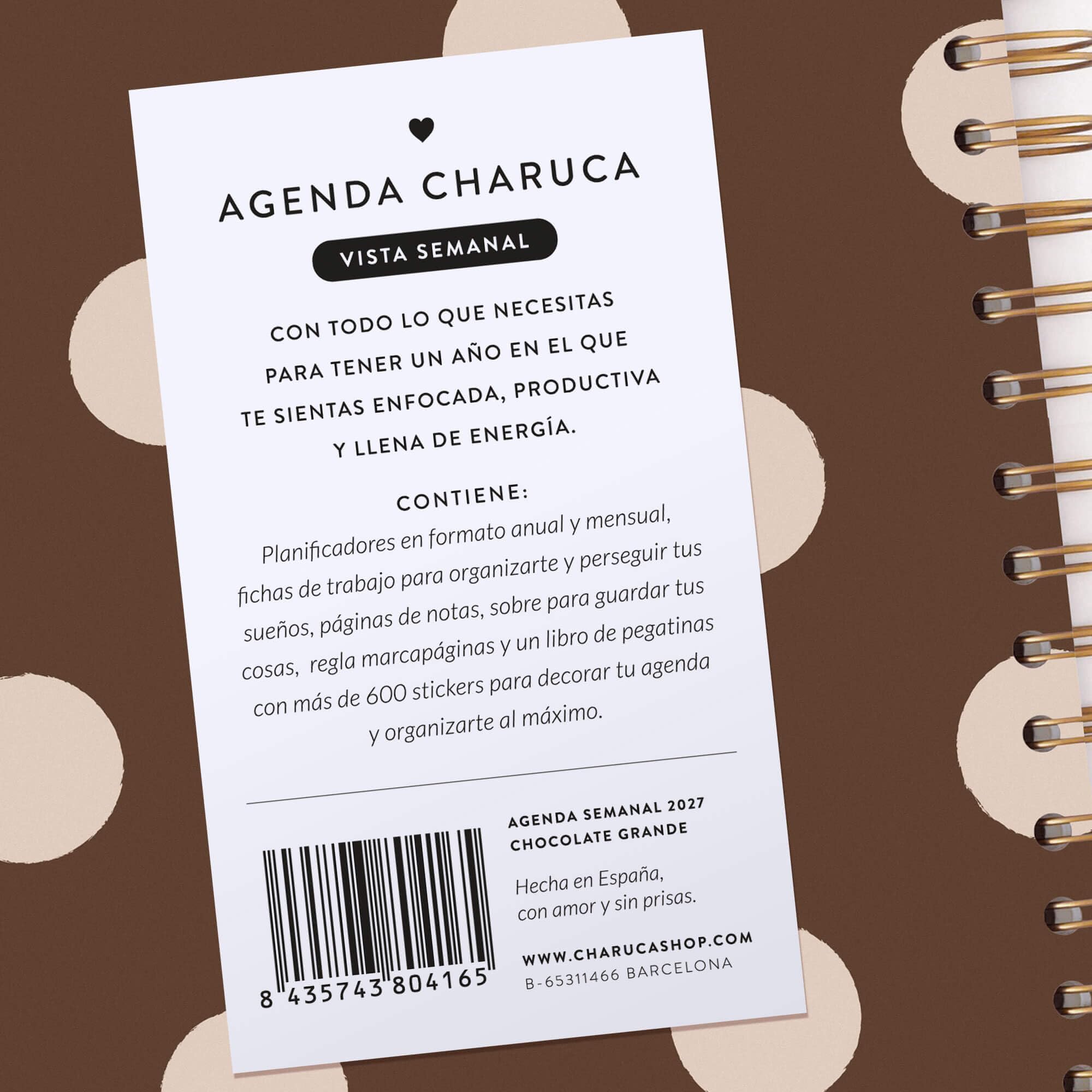 Agenda Charuca 2027 Anual VISTA SEMANAL - Tamaño A4 GRANDE - Tapa Dura con Detalles Dorados - Incluye BOLSA de Tela PROTECTORA y Marcapáginas - Hecho en España (Chocolate Love)