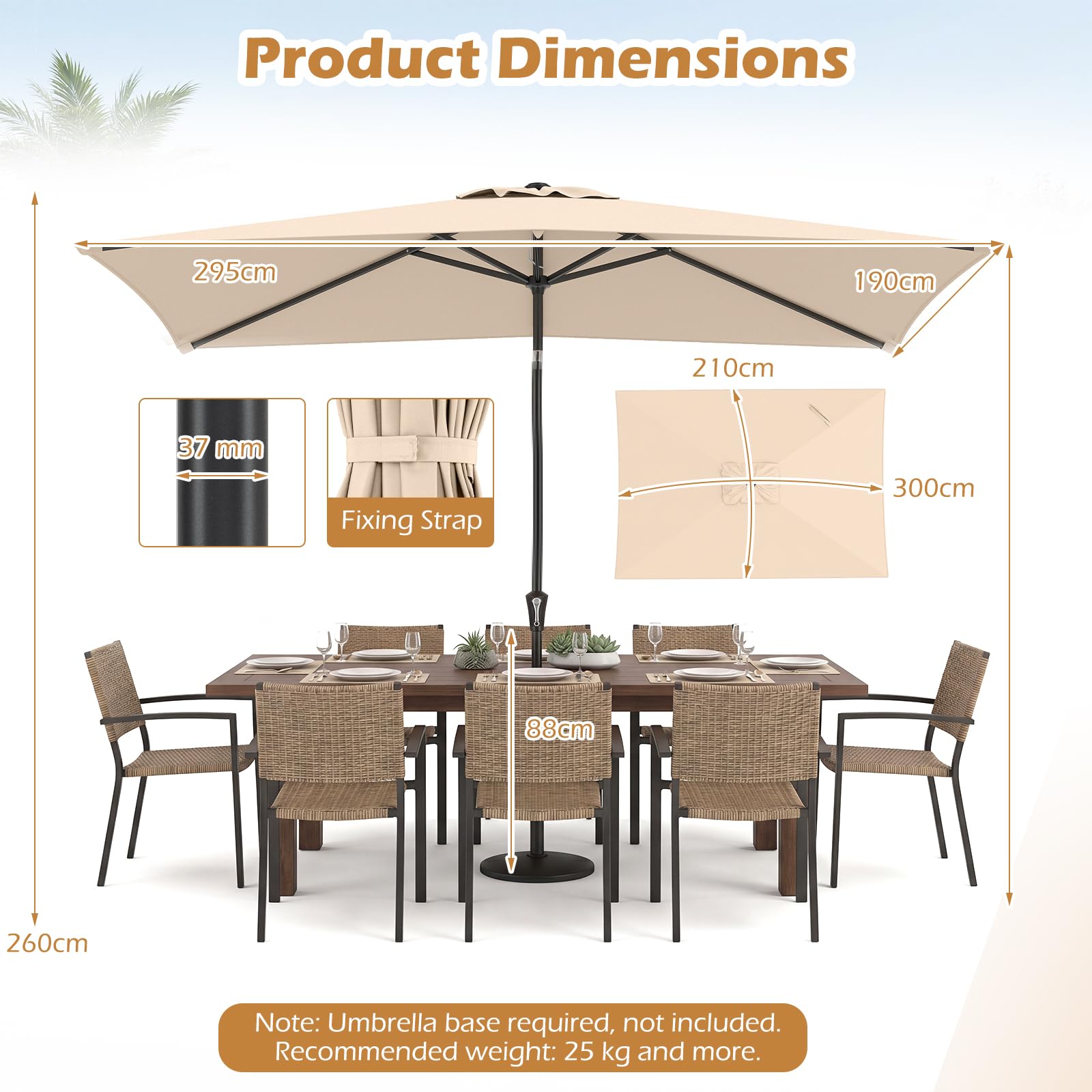 COSTWAY Sonnenschirm 300 x 200 cm, rechteckiger Balkonschirm, beidseitig um 30° knickbar, Gartenschirm mit Kurbel, Terrassenschirm, Marktschirm für Balkon, Garten, Terrasse (Beige)