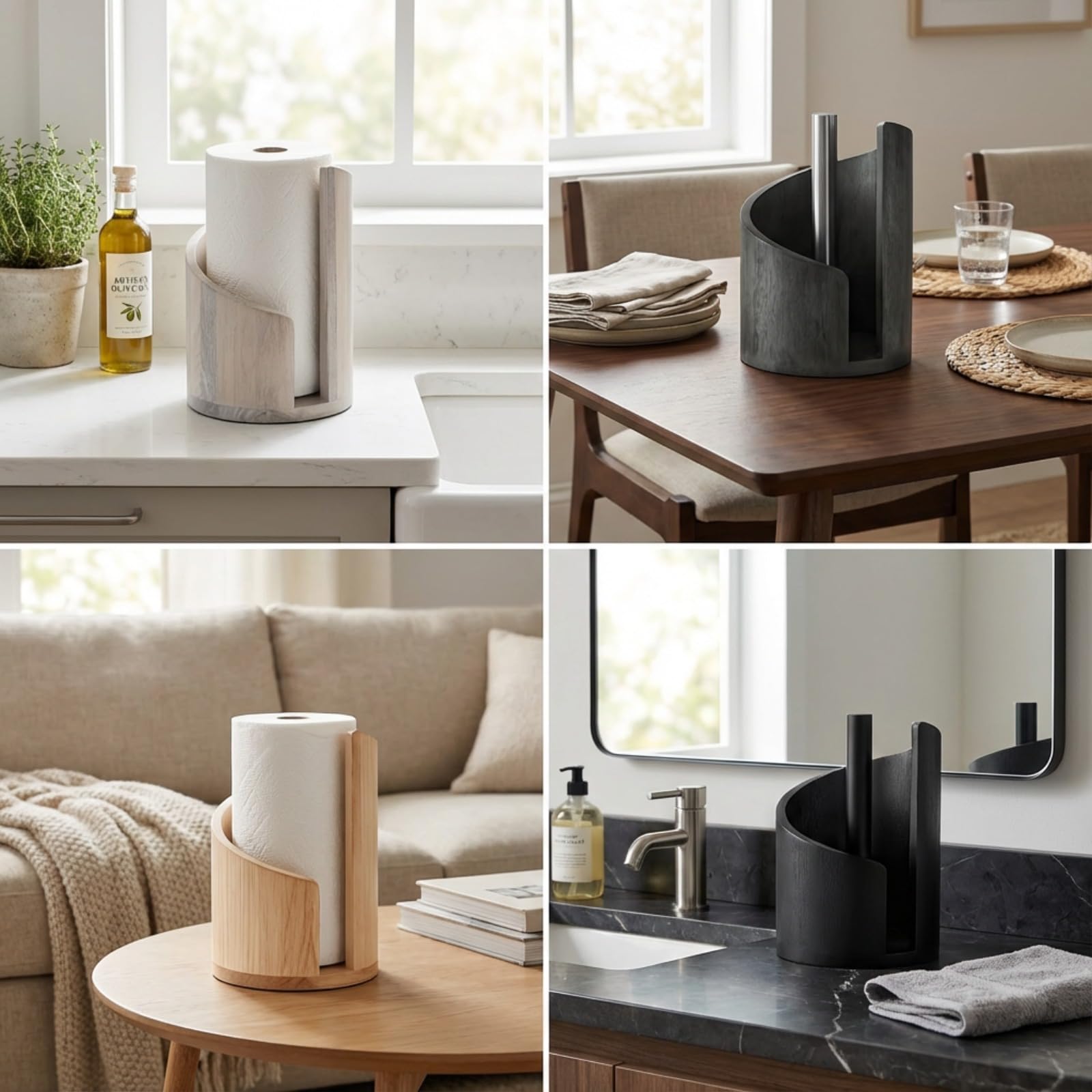 Portarrollos Cocina Madera Pino y Metal - Soporte Papel Cocina Vertical Diseño Espiral para Rollos Grandes - Dispensador Estable para Encimera y Mesa, Uso con Una Mano(Blanquecino)