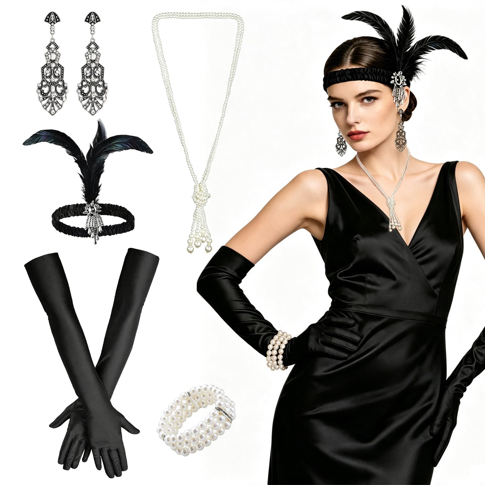 1920s Accessories for Women, 5 Pcs Flapper Accessories Set with Feather Headband, Pearl Necklace, Earrings, Long Gloves & Bracelet, Great Gatsby Accessories for Women, Roaring 20s Fancy Dress