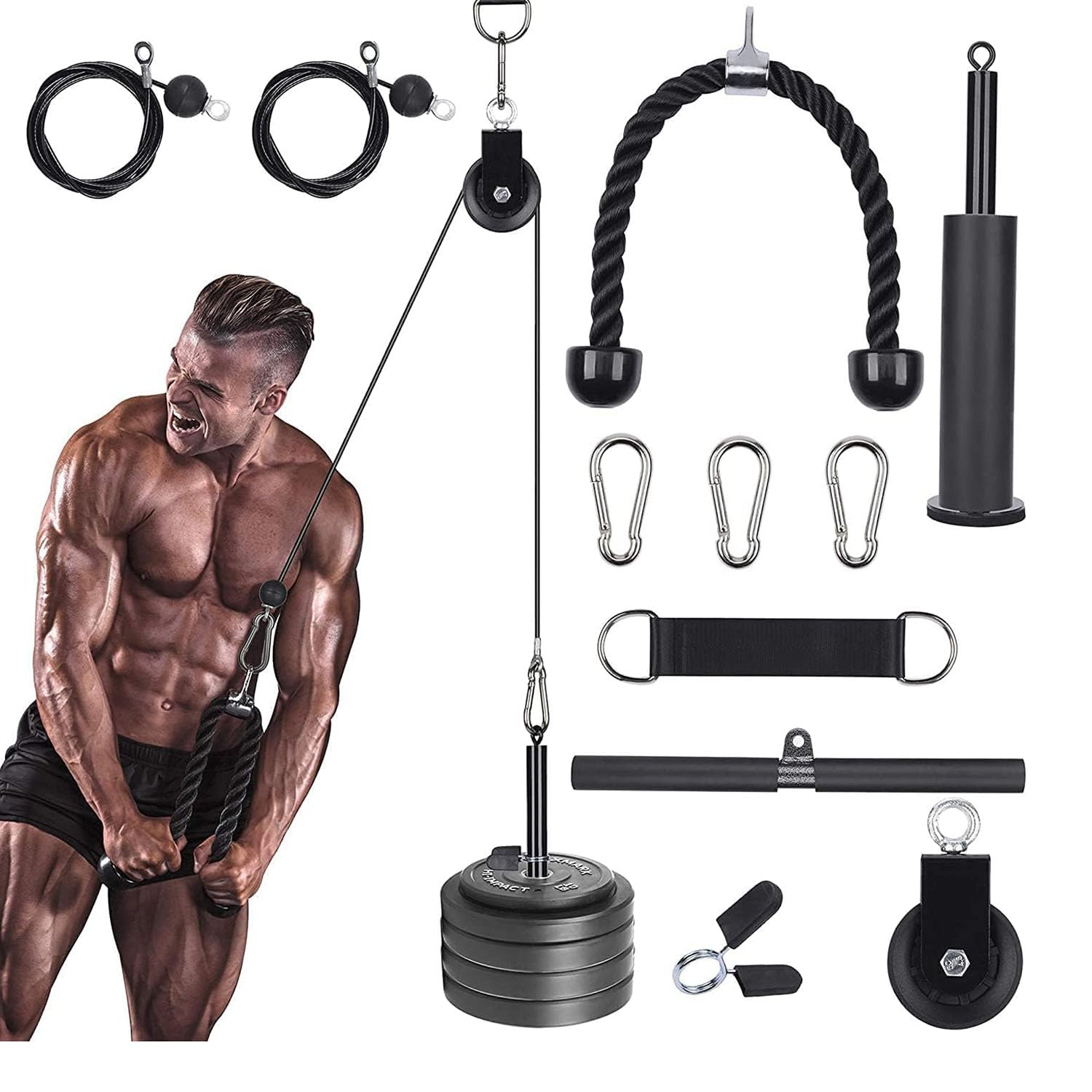 JoyzzzPulley System Gym, Home Cable Pulley System with Silent Pulley, Tricep Rope, Straight Bar, 2 Cables, Upgrad Loading Pin, 3 Hoist Buckles and Hanging Strap, Home Gym Equipment for Core Routine