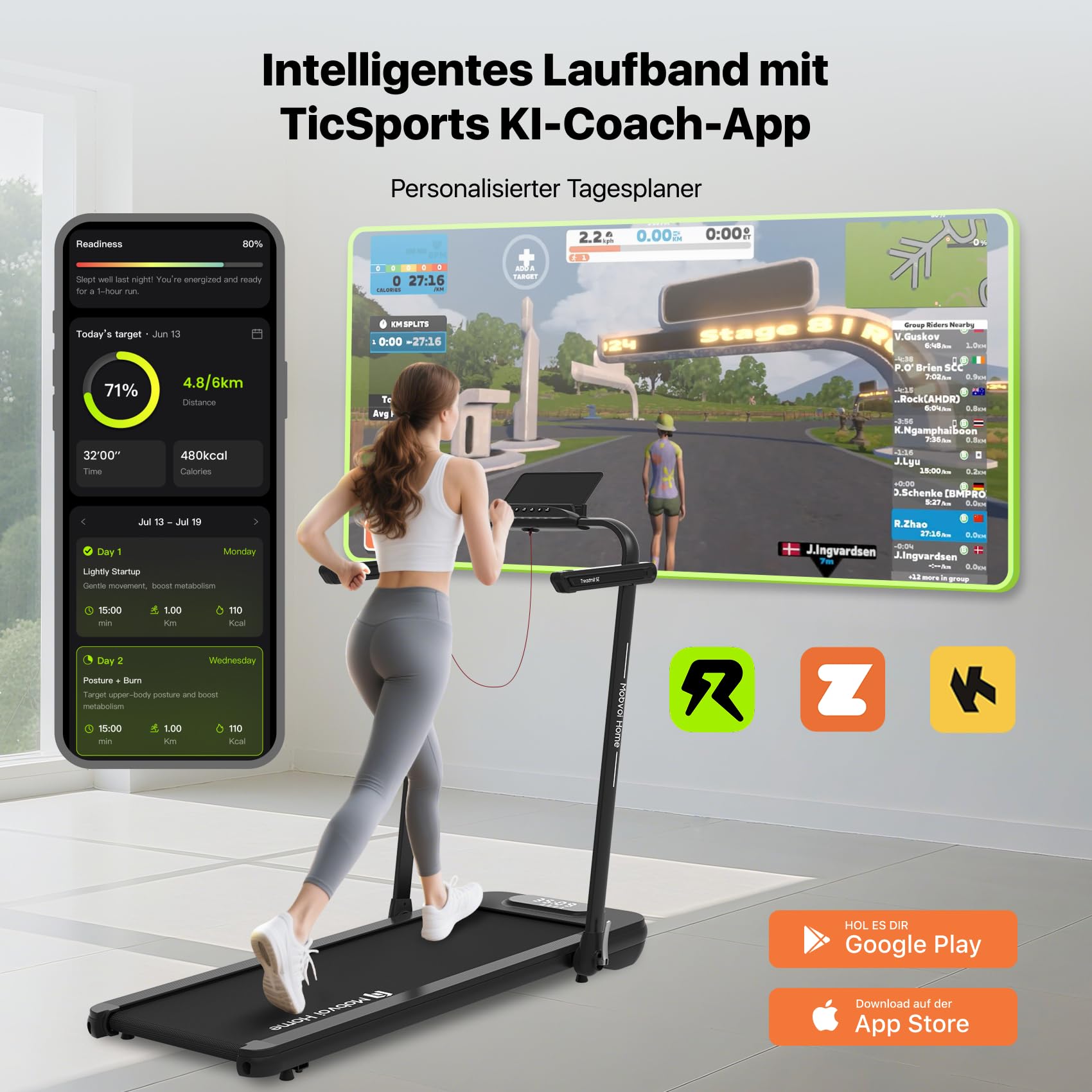 Mobvoi Home Laufband SE, Intelligente KI 3-in-1-Klapplaufband, elektrisches Laufband, 2,5 PS, kompakt tragbar unter dem Schreibtisch, 12 km/h, Fernbedienung, platzsparend, TicSports APP, 120 kg