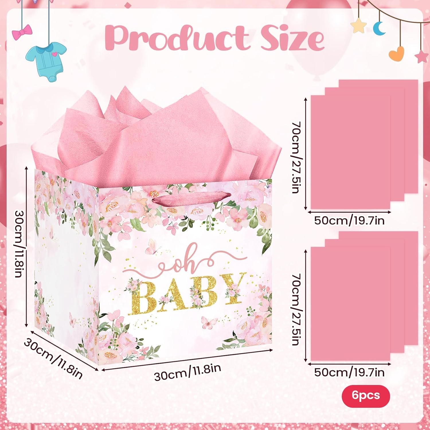 Extra Large Baby Gift Bag, Pink Floral Square Gift Bags Baby Shower Wrapping Paper Bag with Tissue Paper Oh Baby Jumbo Gift Bags for Sweet Baby Girl New Parents Gender Reveal Party Favors - Image 3
