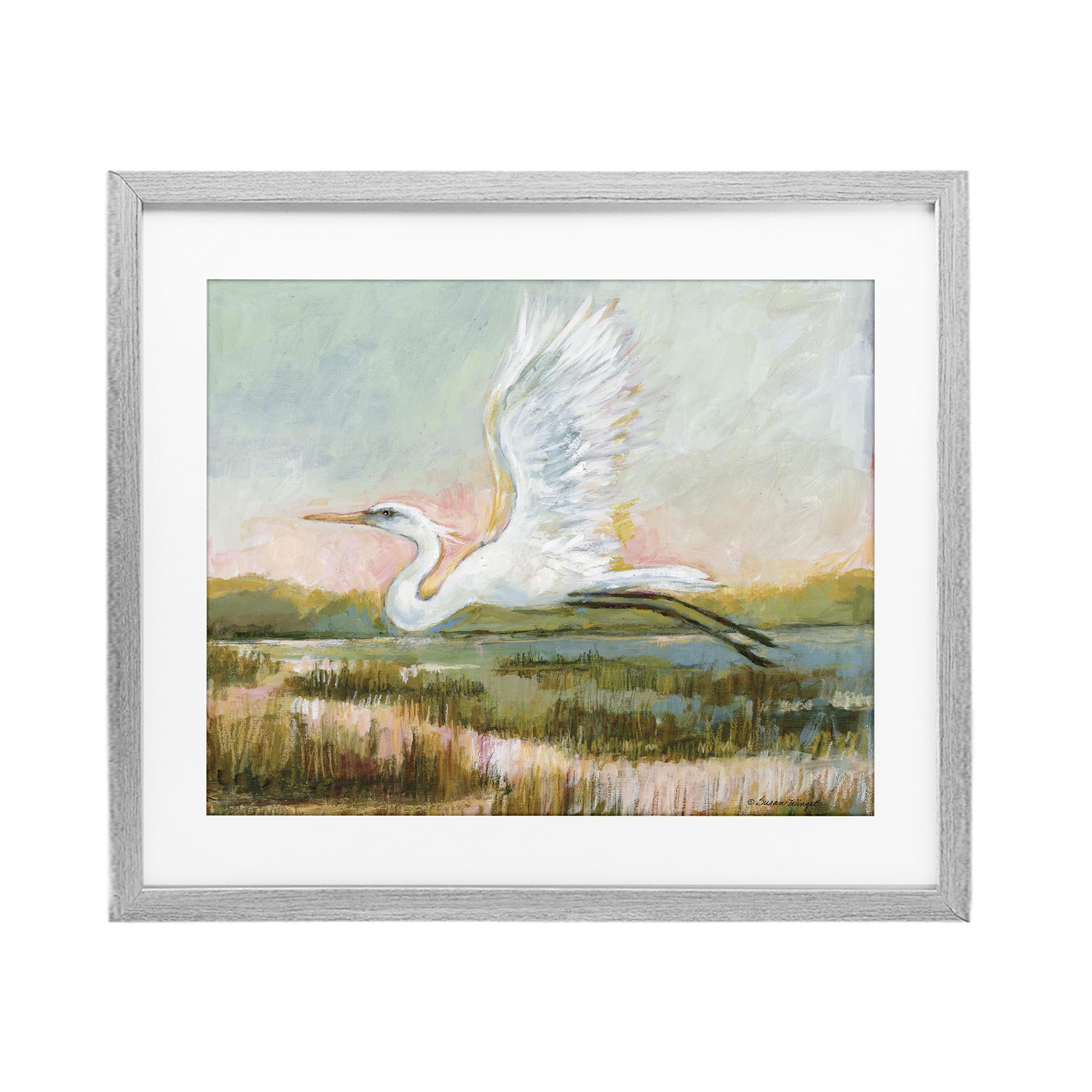 Stupell Industries 'White Heron Flying', Framed Print Under Glass, Gray, 21 x 17 Inches, Easy to Hang and Sturdy, Made in USA, by Susan Winget