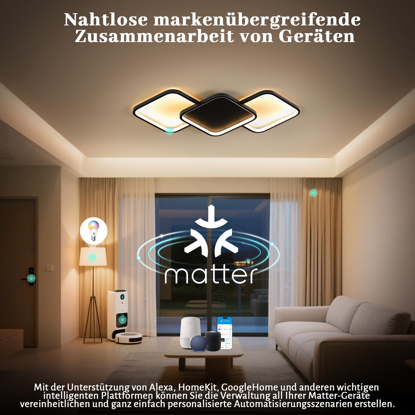 Sky angle Inteligentna lampa sufitowa LED, sterowanie głosowe Alexa/Google Home, możliwość ściemniania, oświetlenie LED do salonu, sypialni, łazienki, kuchni