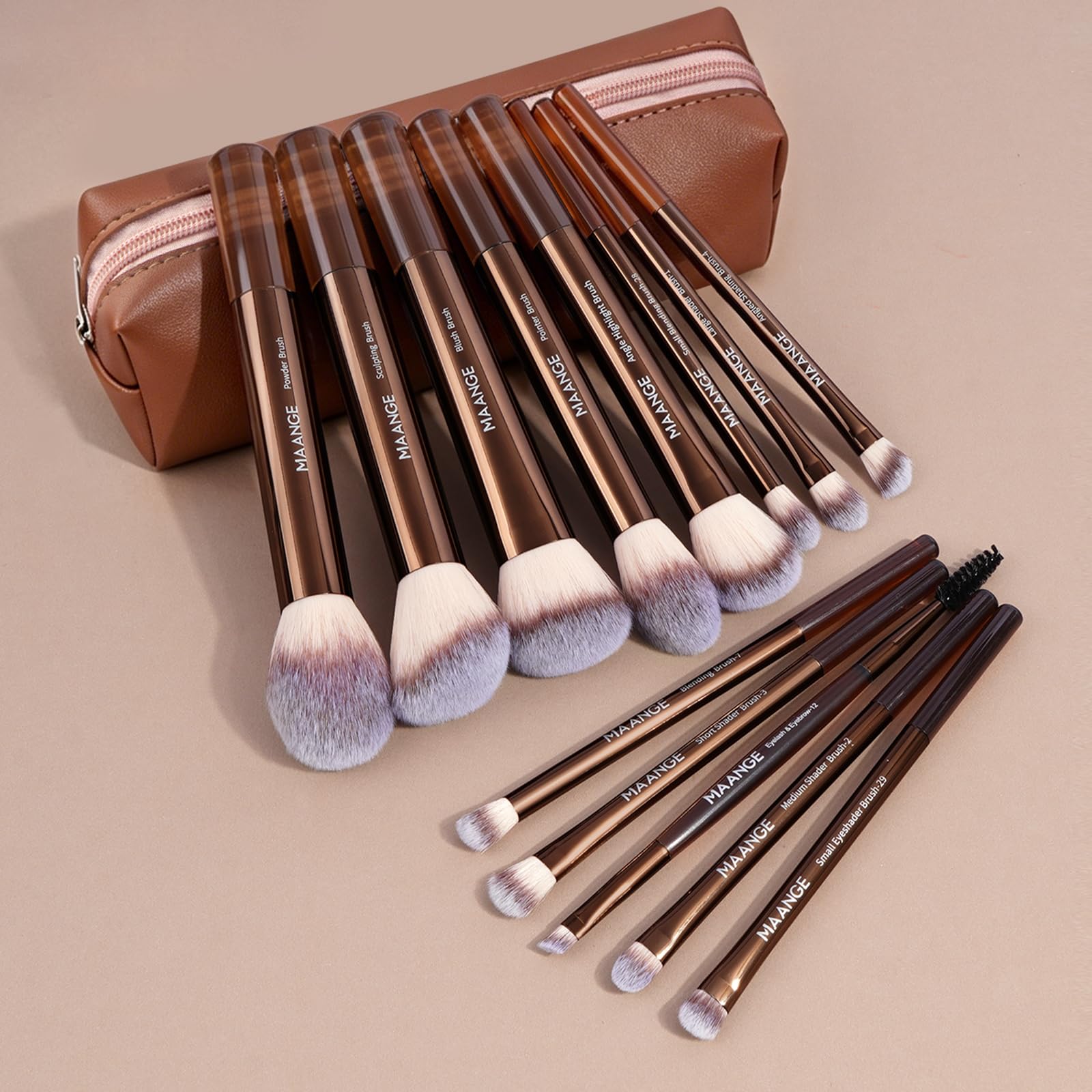 MAANGE Set di 13 pennelli da trucco professionali da viaggio con custodia (caffè)