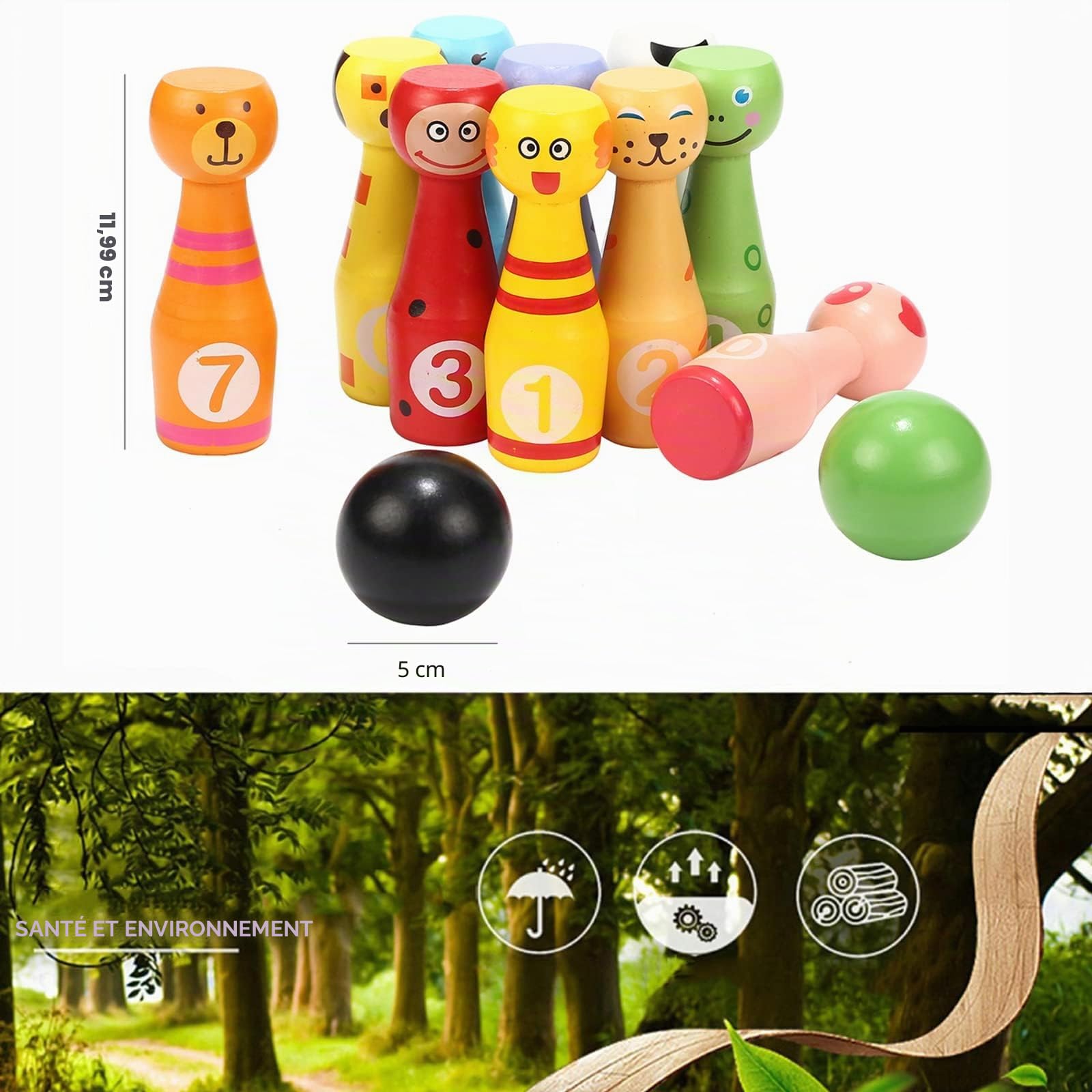 jacootoys Jeux de Quilles en Bois 10 Animaux Poupées Broches avec 2 Balles Plein Air Jouet Cadeaux pour Enfants Garcon Fille 3 4 5 Ans