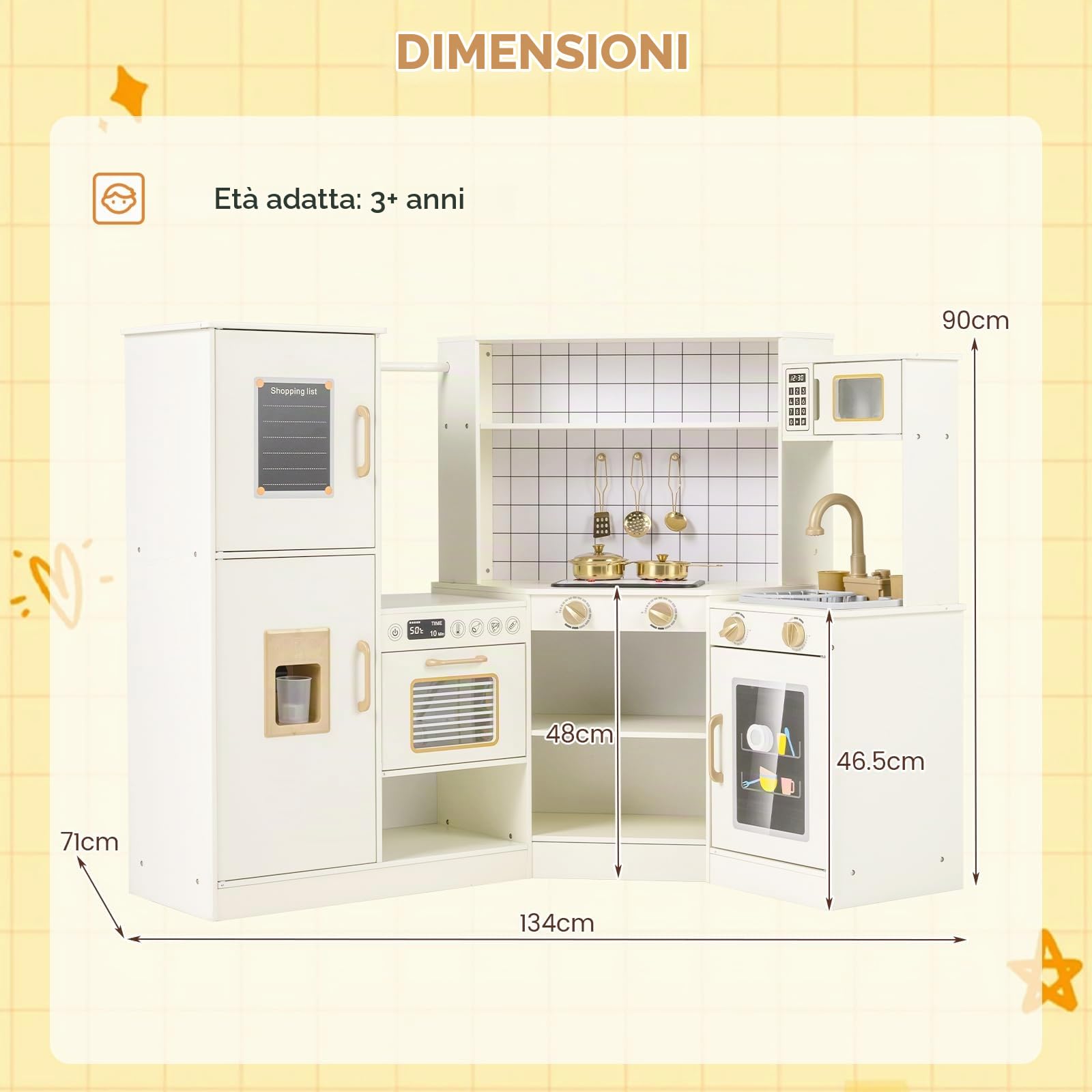 FANTASK Cucina in legno per bambini, angolo cucina giochi con rubinetto, dispenser di ghiaccio e accessori da cucina, forno a microonde, cucina giochi per bambini dai 3 anni in su