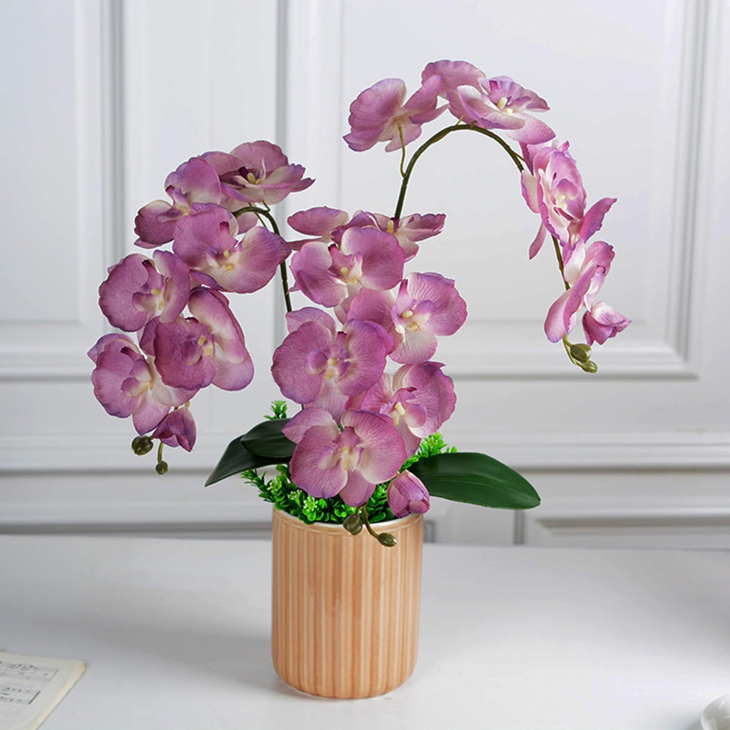 4 Pcs Silk Artificial Orchid Flowers Stem, 8 Heads Faux Phalaenopsis Flowers Branches 27.5'' Artificial Flowers Plants for Pots Vase Decor (Purple)