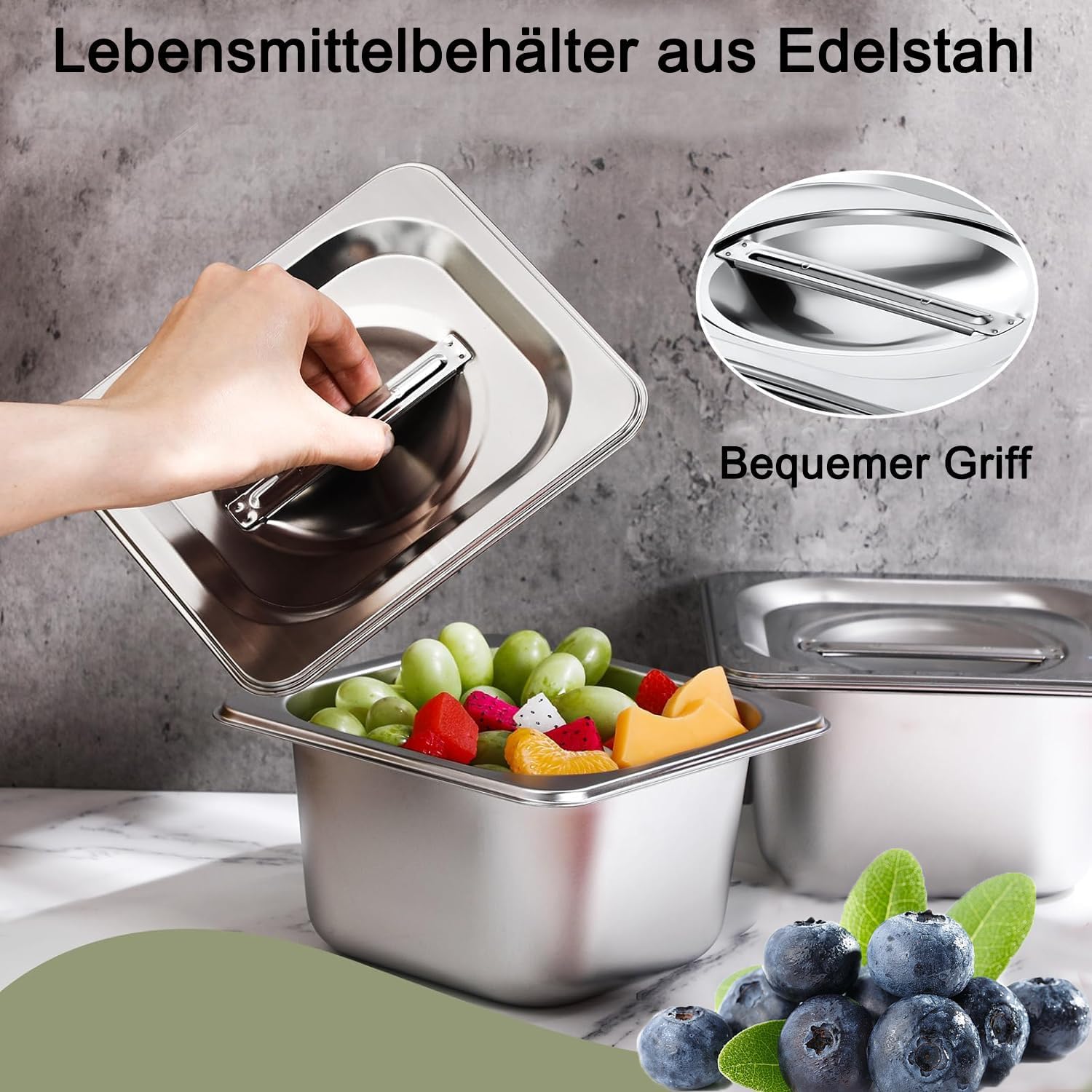 4 contenitori GN con coperchio, contenitore Gastro, contenitore in acciaio inox con coperchio, contenitore in acciaio inox con coperchio, dimensioni 1/6 17,5 x 16 x 10 cm