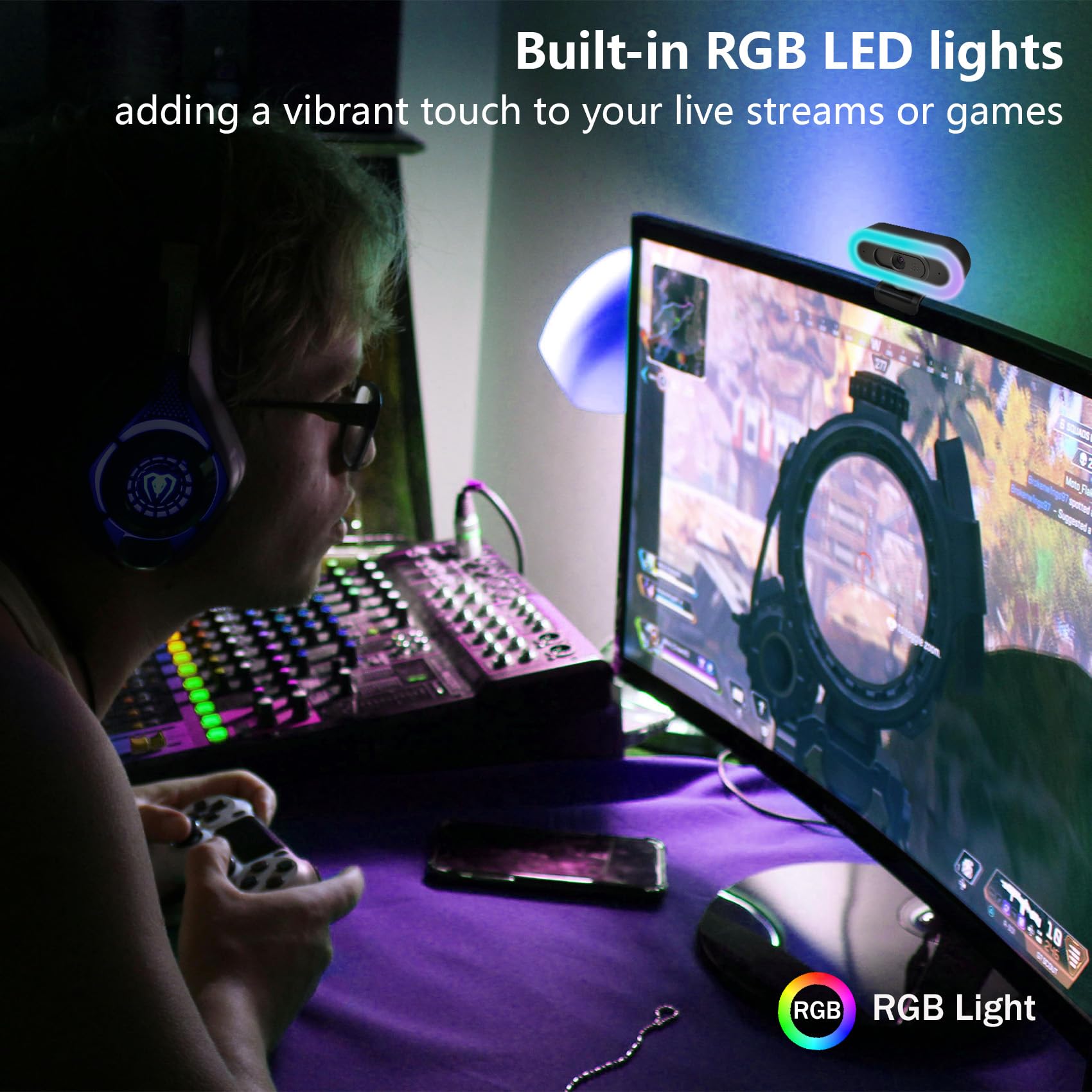 Webcam 2K per PC, webcam LED RGB con microfono e luce, autofocus, treppiede girevole e copertura per la privacy per streaming live, videochiamate, giochi, funziona con zoom, Skype, YouTube, team