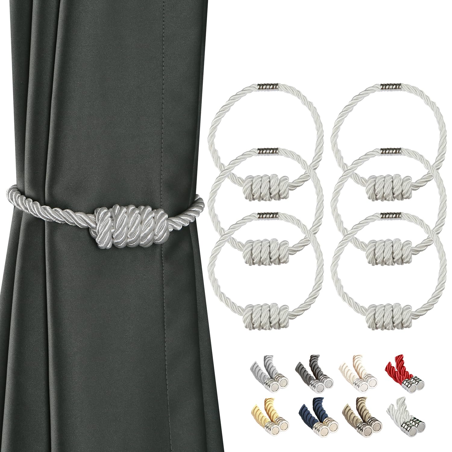 Embrasses de Rideaux en Corde tressée Faite Main, embrasses magnétiques, tissées Modernes avec nœud raffiné, Attaches for la décoration intérieure(Wit,6 Pack)