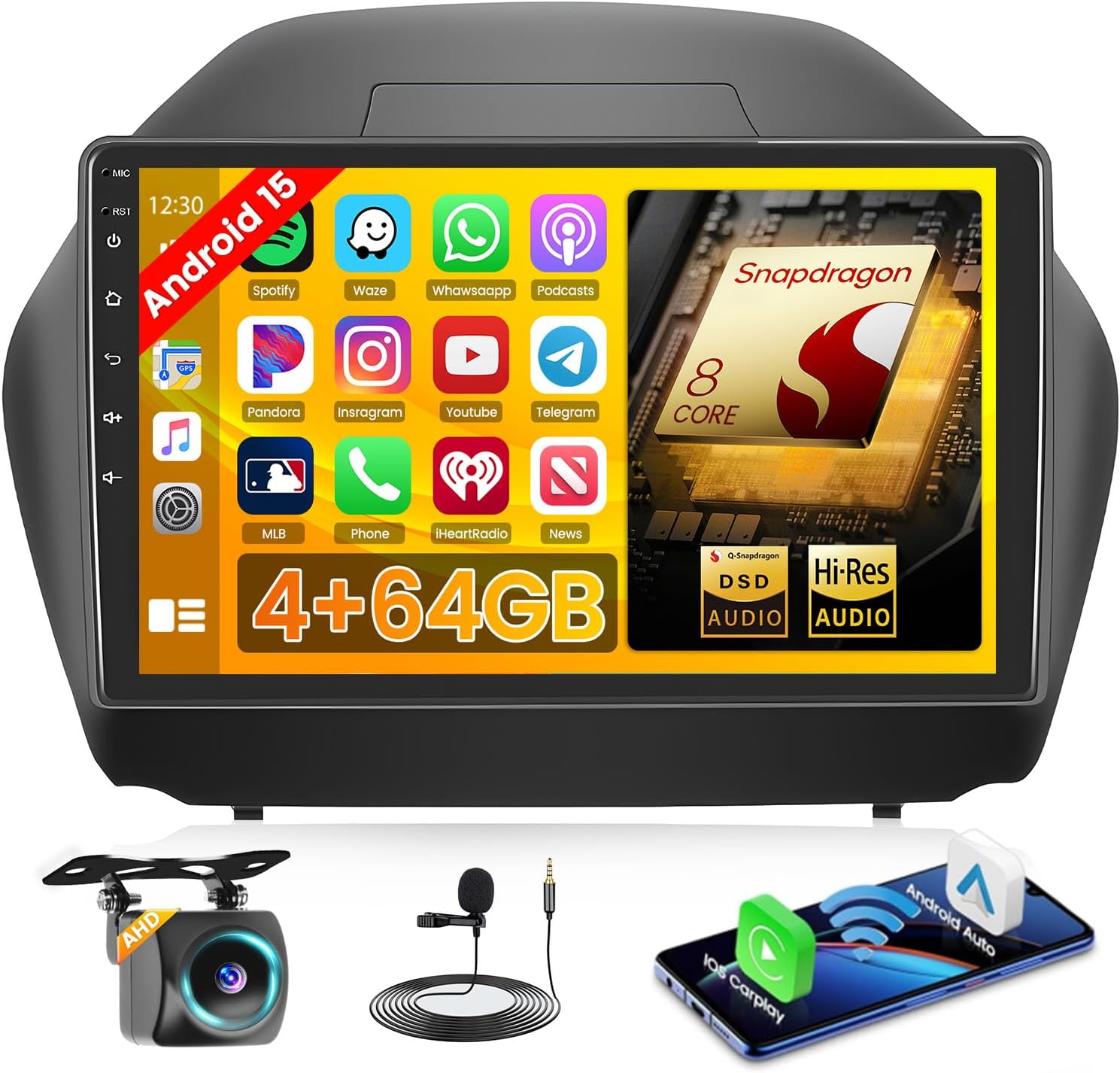 【Qualcomn Chipset】 8 Core 4+64GB Android 15 Car Stereo for Hyundai Tucson IX35 2010-2015, 10" Touch Screen Carplay Android Auto Radio DSP Hi-Res Picture in Picture+AHD Backup Camera Voice Assistant