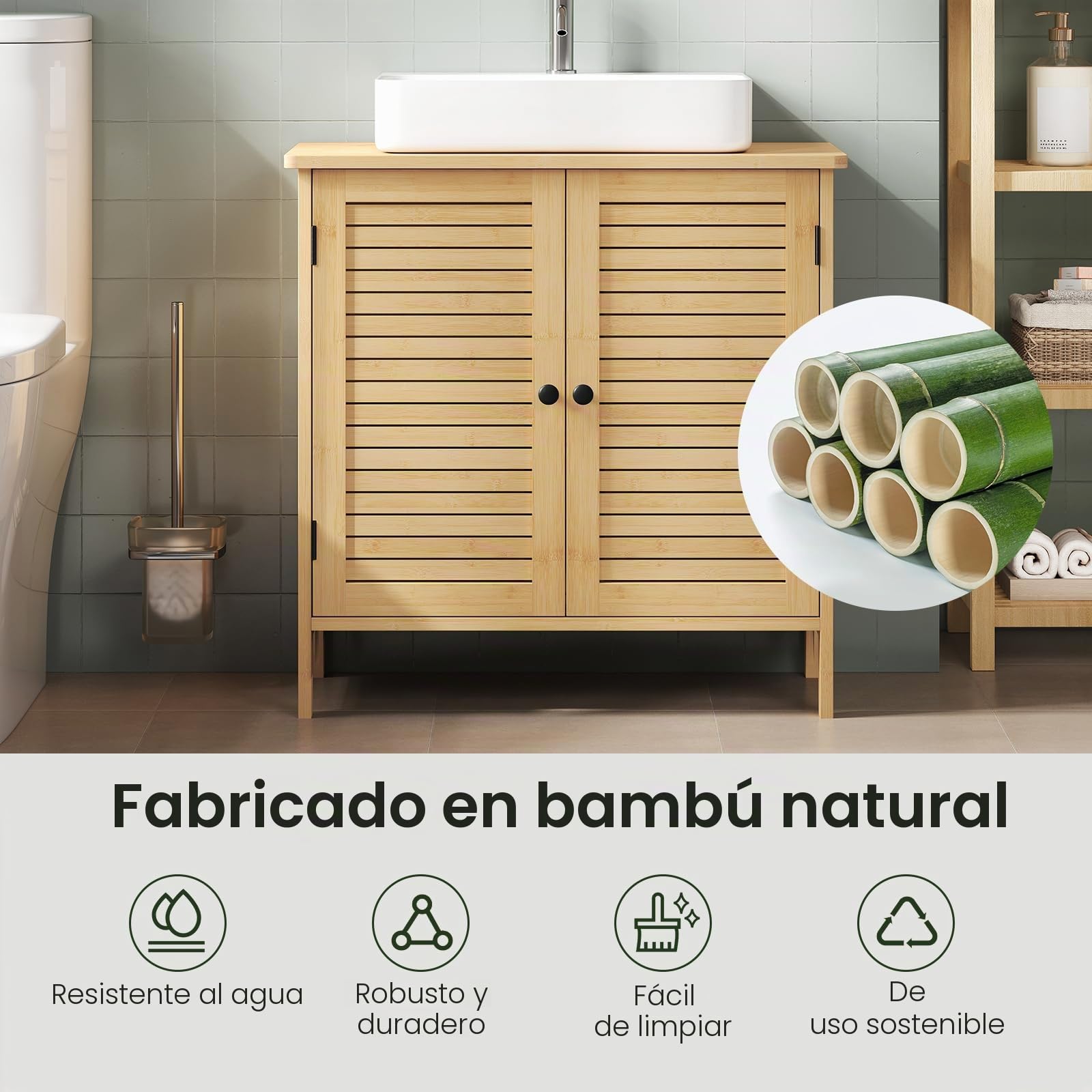 EUGAD Armario de Baño, Mueble de Baño de Bambú, Mueble bajo Lavado, con Puertas de Rejillas, Transpirable y Antihumedad, Recorte 20x10 cm, Estante Ajustable, 60x30x60 cm