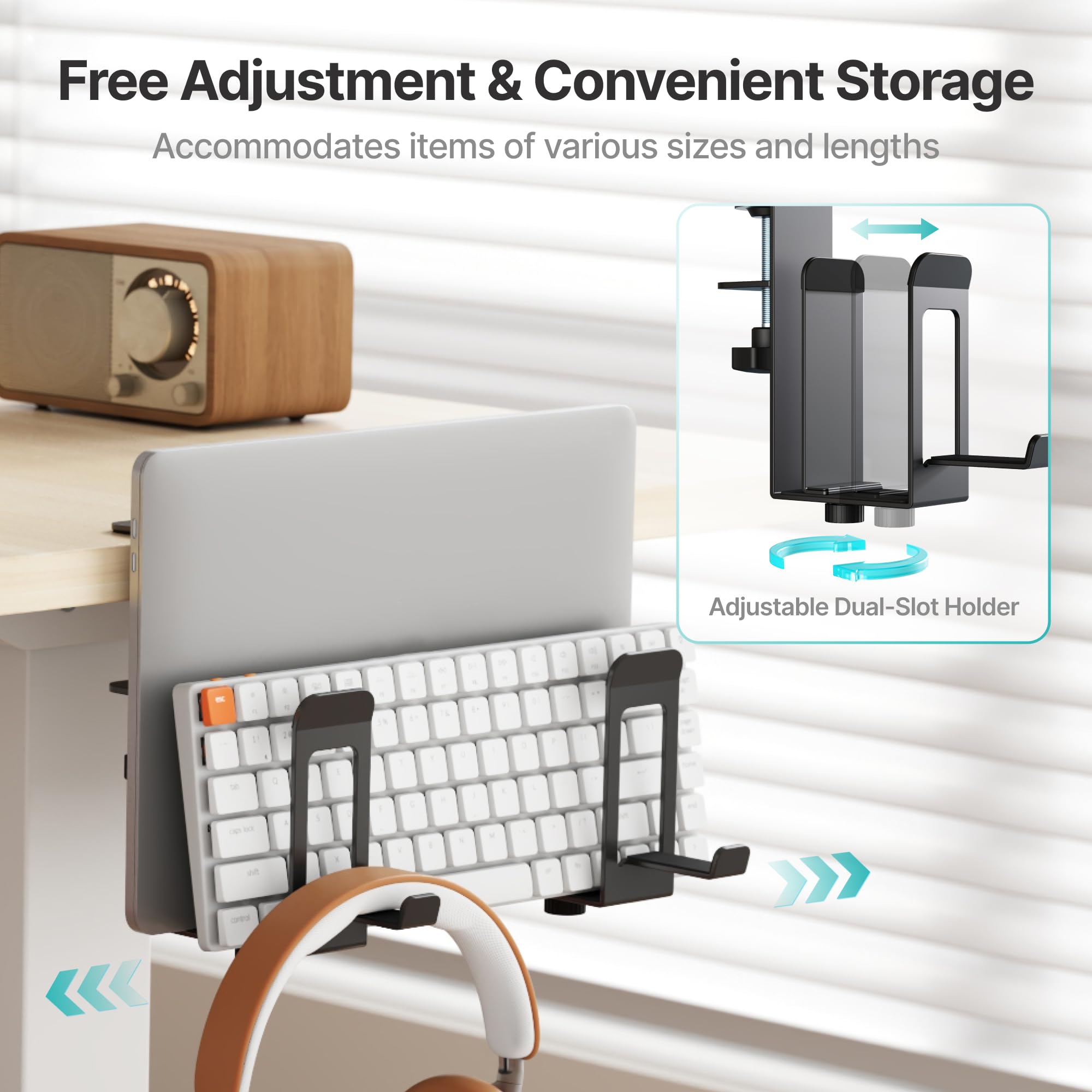 PEGZONE Supporto per laptop verticale, 2 slot sotto la scrivania, supporto per laptop, portaoggetti laterale da scrivania con supporto per cuffie, organizer per laptop per giochi in ufficio, nero
