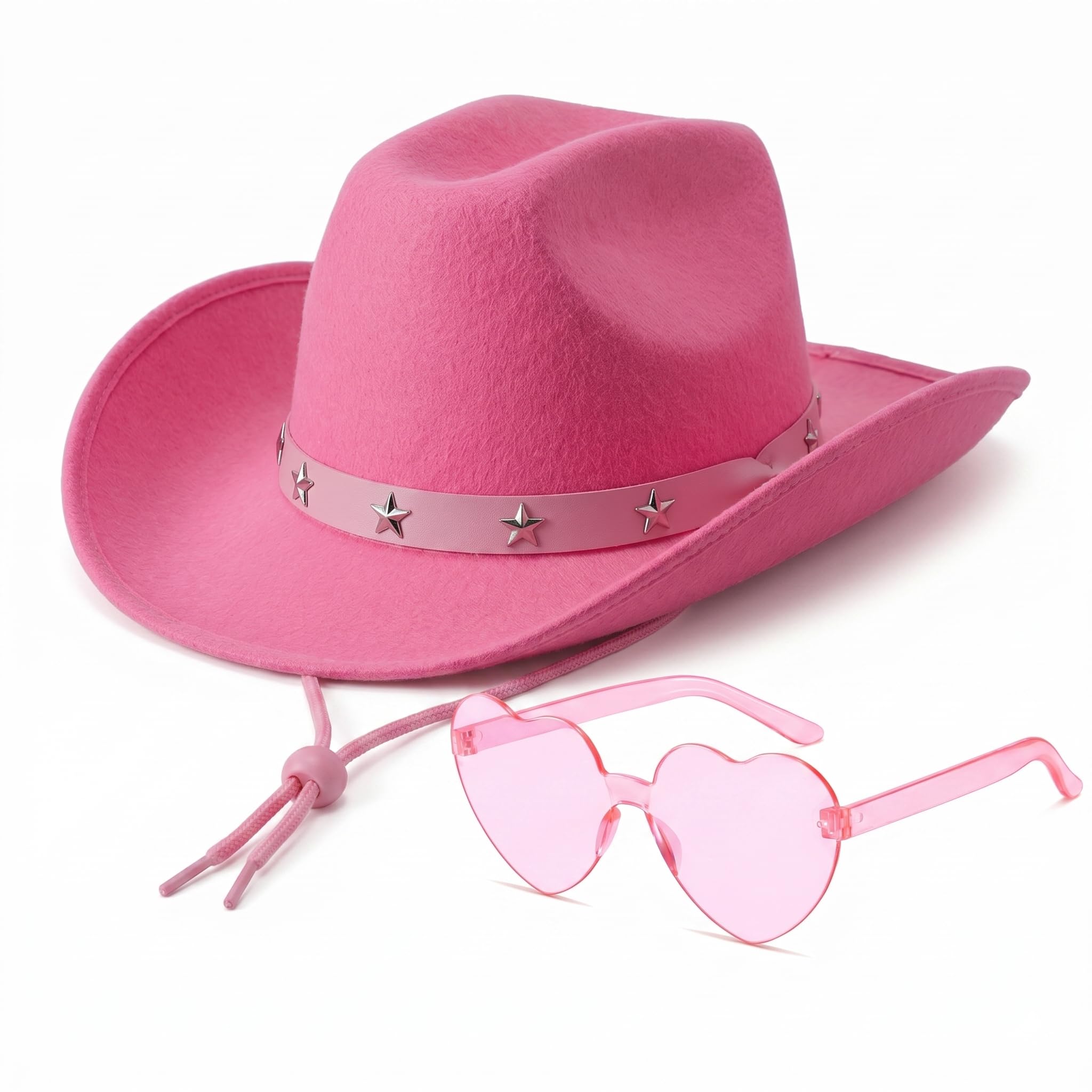 Star Studded Pink Cowboy Hat with Heart Sunglasses - Cowgirl Hat and Pink Heart Glasses Cowgirl Accessories for Women - Womens Cow Girl Costume or Wild West Fancy Dress Accessories