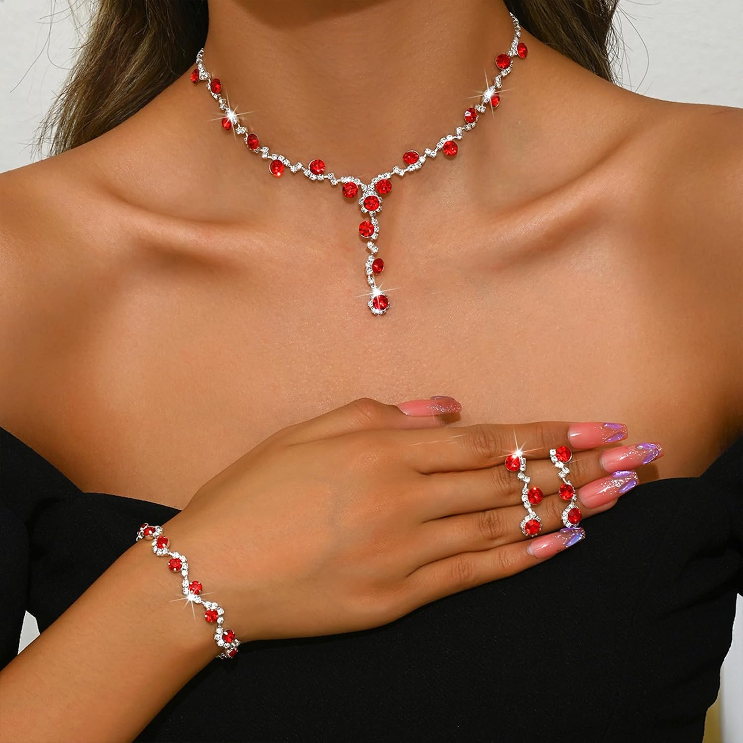 Black Jewelry for Women Red Necklace and Earrings Bracelet Wedding Jewelry Sets for Brides Prom Accessories image 3