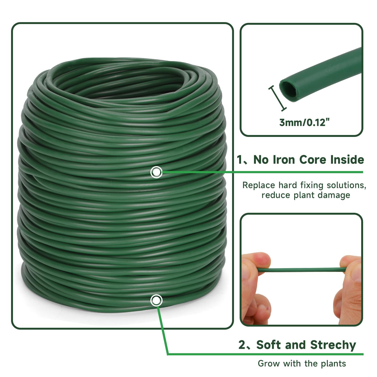 KINGLAKE Tubo de Atado Flexible, Cinta de Jardín Verde de 3mm x 50m para Plantas Trepadoras, Cuerda de Jardín de Plástico para Tomates, Rosas, Soporte para Vegetales