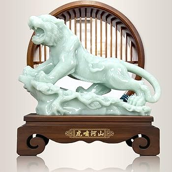 Amazon.co.jp: 虎翡翠石飾り虎咆哮山と川幸運風水飾り彫刻家の