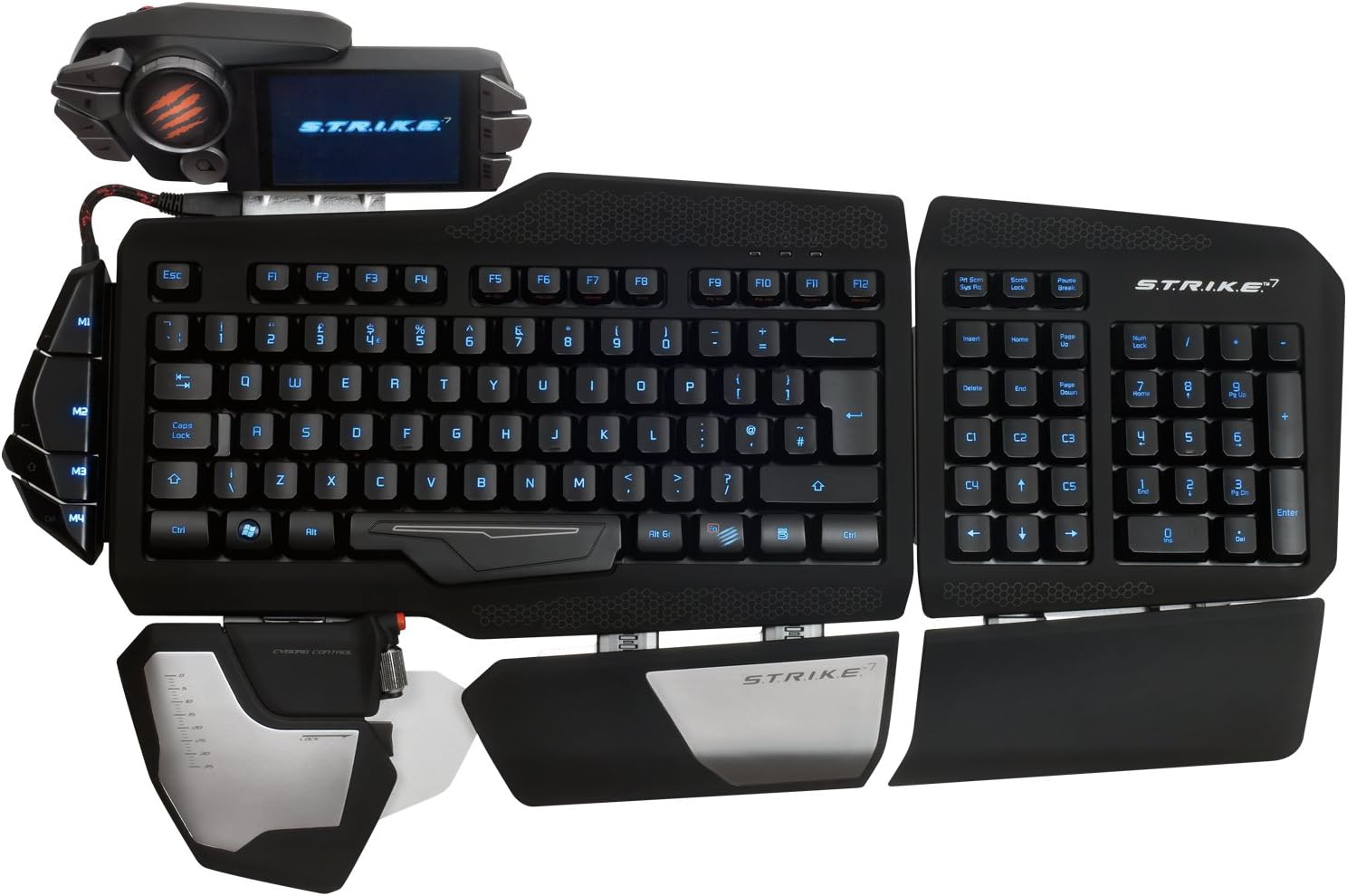 จากบนลงล่าง view of the Mad Catz STRIKE7 keyboard fully assembled with all modules