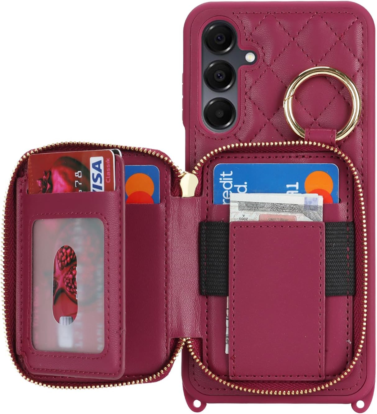 Crossbody Wallet Case for Galaxy A16, PU Leather Zipper Handbag Purse Flip Cover, Kickstand Folio Case with Card Slots Holder Wrist Strap Lanyard -Dark red