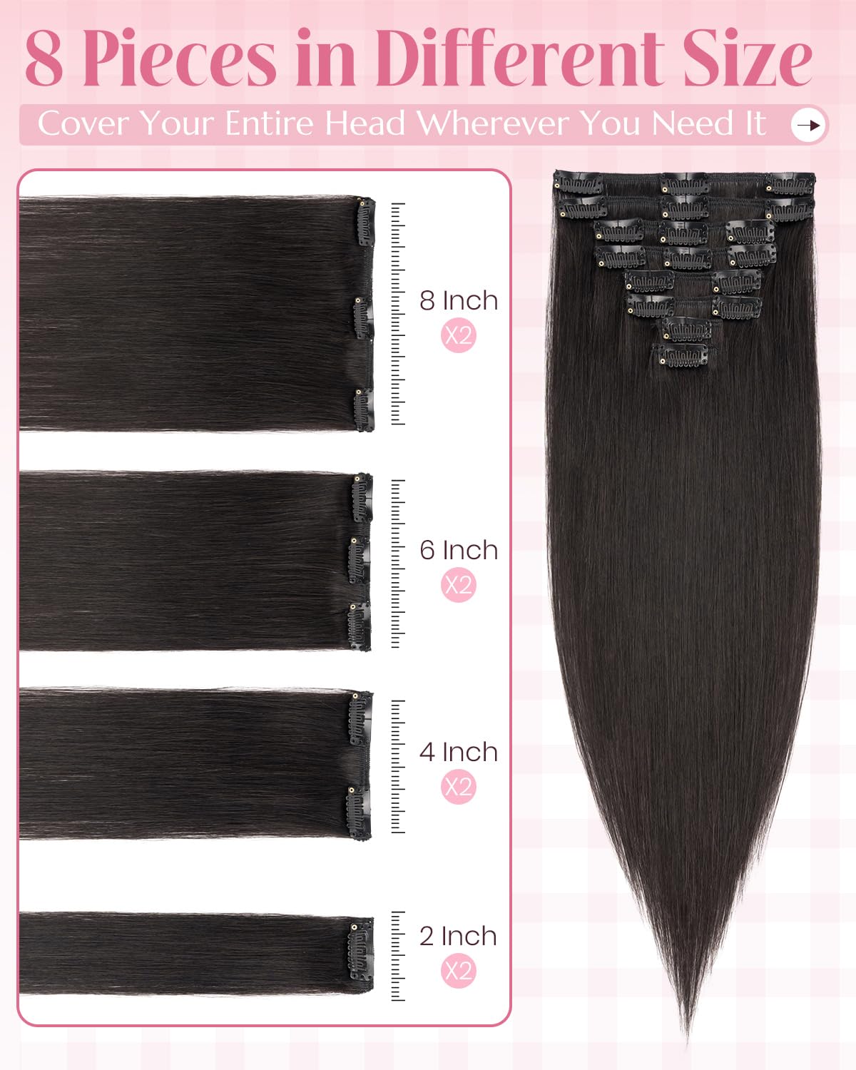 SLEEKALON Clip in Hair Extensions Real Human Hair Remy #1B Natural Black - 16 Inch 65 Gram 8 Pcs Invisible Full Head Weft Straight - Image 3