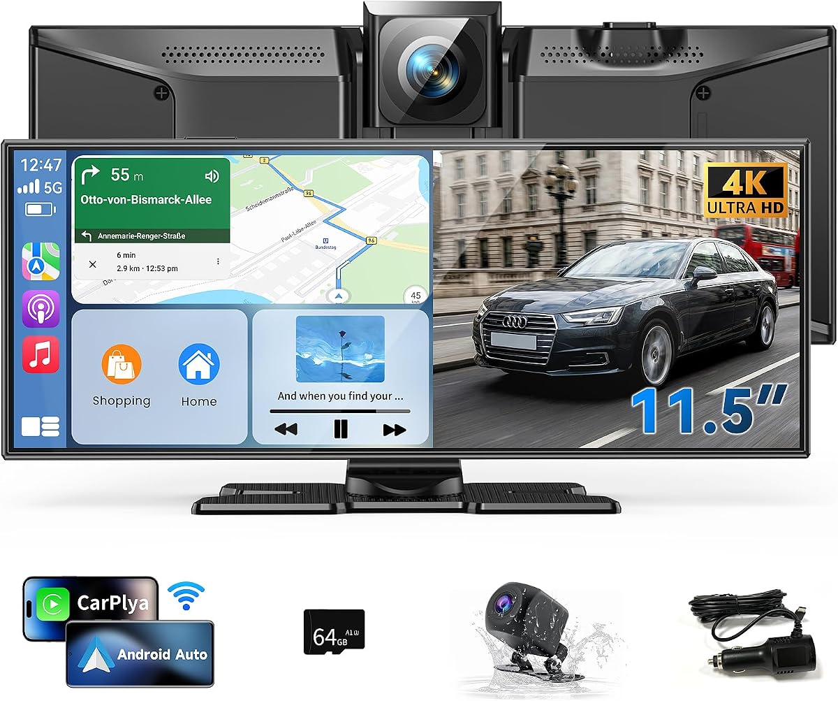 11.5" Wireless CarPlay Screen for Car–Portable A-pple Carplay & Android Auto Touchscreen Car Stereo with App Control, 4K Dash Cam, Backup Camera, GPS, Mirror Link, Voice Control,for All Vehicles