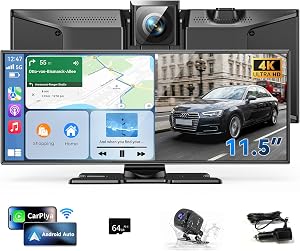 11.5" Wireless CarPlay Screen for Car–Portable A-pple Carplay & Android Auto Touchscreen Car Stereo with App Control, 4K Dash Cam, Backup Camera, GPS, Mirror Link, Voice Control,for All Vehicles
