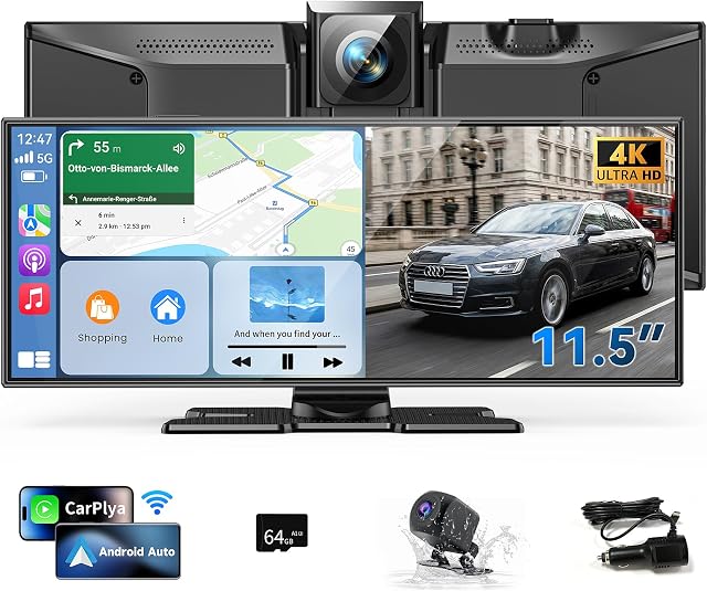 11.5" Wireless CarPlay Screen for Car–Portable A-pple Carplay & Android Auto Touchscreen Car Stereo with App Control, 4K Dash Cam, Backup Camera, GPS, Mirror Link, Voice Control,for All Vehicles