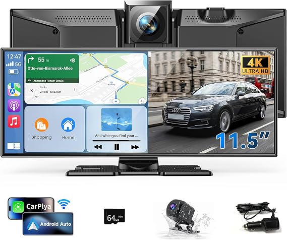 11.5 Largest Wireless Carplay Screen for Car, Portable A pple Carplay & Android Auto Touch Screen, 4K Dash Cam/App Control/1080p Backup Camera/Mirror Link/Voice Control/GPS/Bluetooth,for All Vehicles
