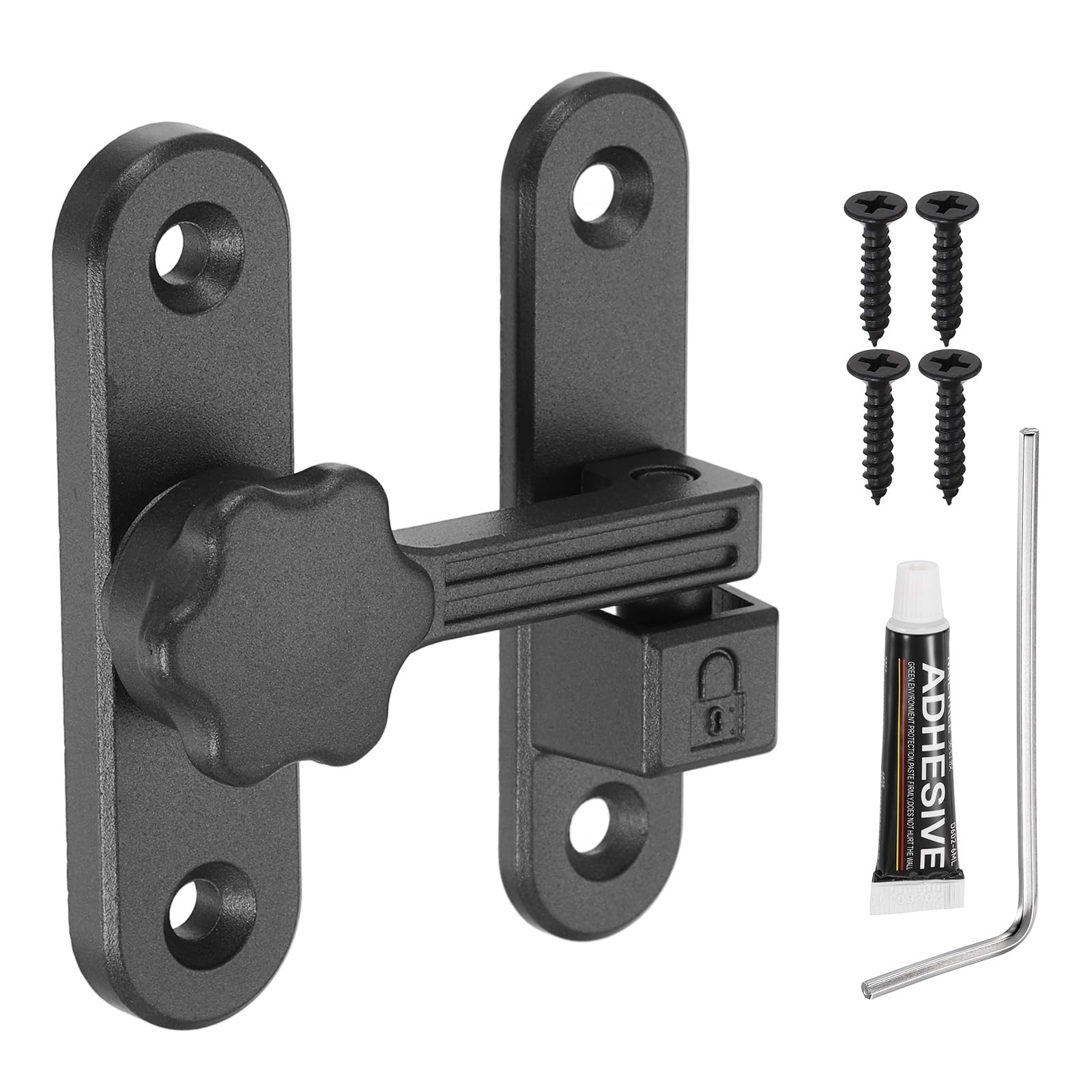 sourcing map Barn Door Lock, 90/180 Degree Flip Barn Door Lock Zinc Alloy Sliding Security Latch with Screws & Nail-Free Adhesive for Garden Bathroom Garage, Gray