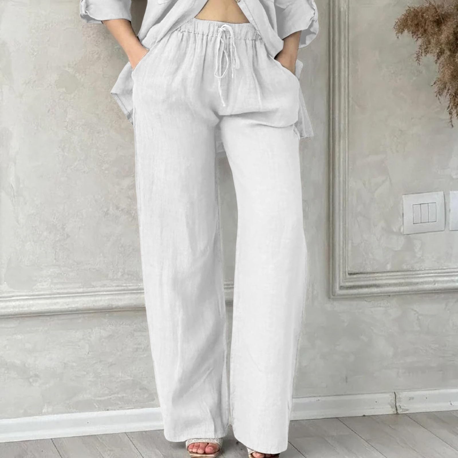 Generisch Pantalon de loisirs d'été pour femme - Pantalon de plage - Couleur unie - En lin - Taille haute - Avec poches - Cordon de serrage - Long - Décontracté - Léger - En lin - Coupe droite - En