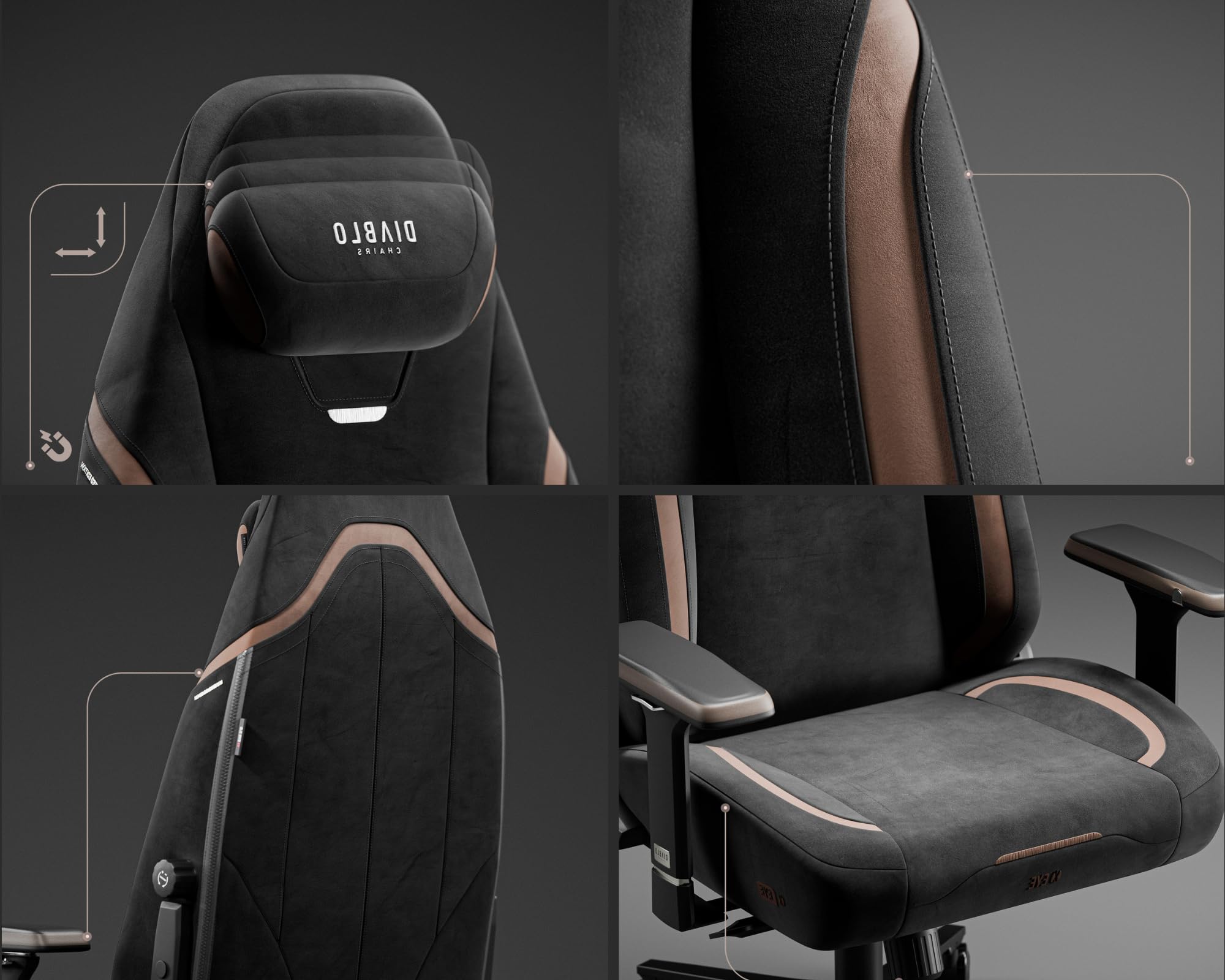 Diablo X-Eye 2.0 Ultra Black – czarny fotel gamingowy z tkaniny, ergonomiczny fotel do biurka z podparciem lędźwi, magnetycznym zagłówkiem i podłokietnikami 4D
